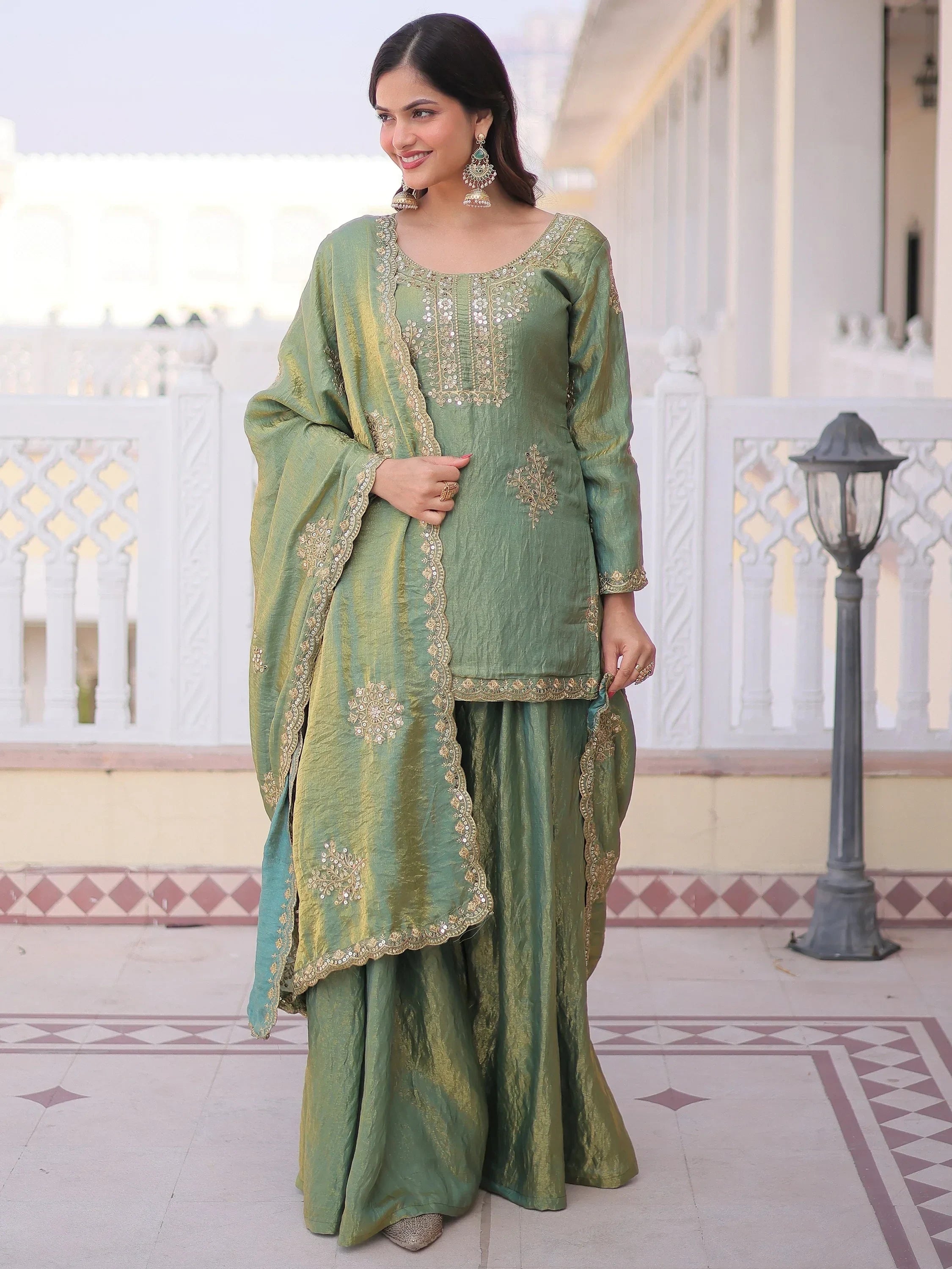 Green Attractive Sequins Crushed Function Wear Palazzo Suit