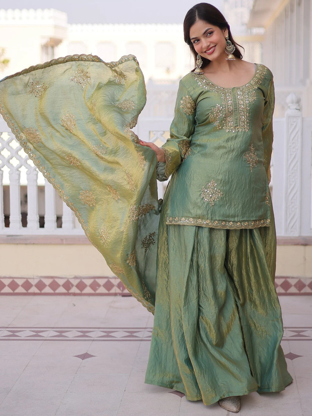 Green Attractive Sequins Crushed Function Wear Palazzo Suit
