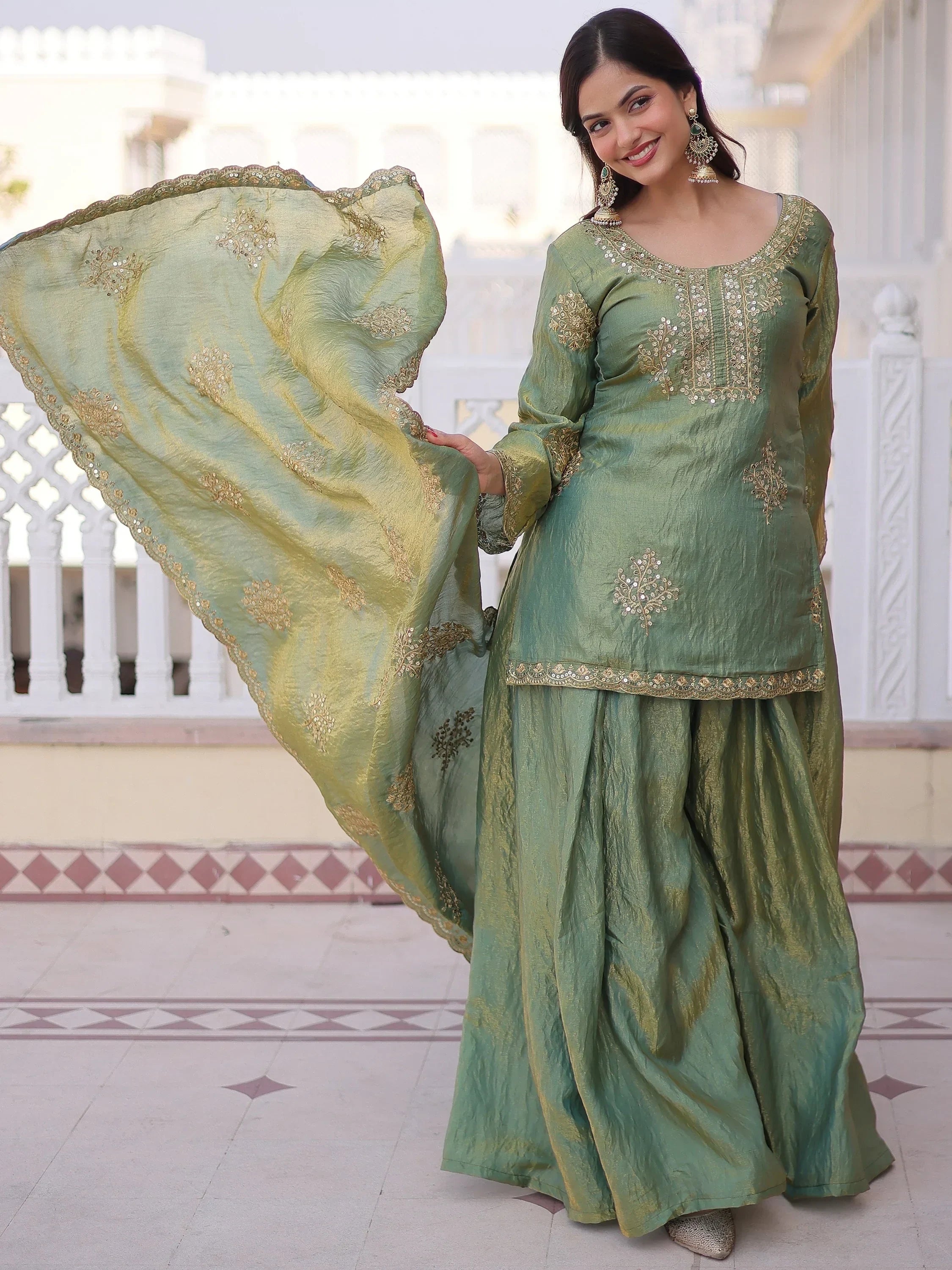 Green Attractive Sequins Crushed Function Wear Palazzo Suit