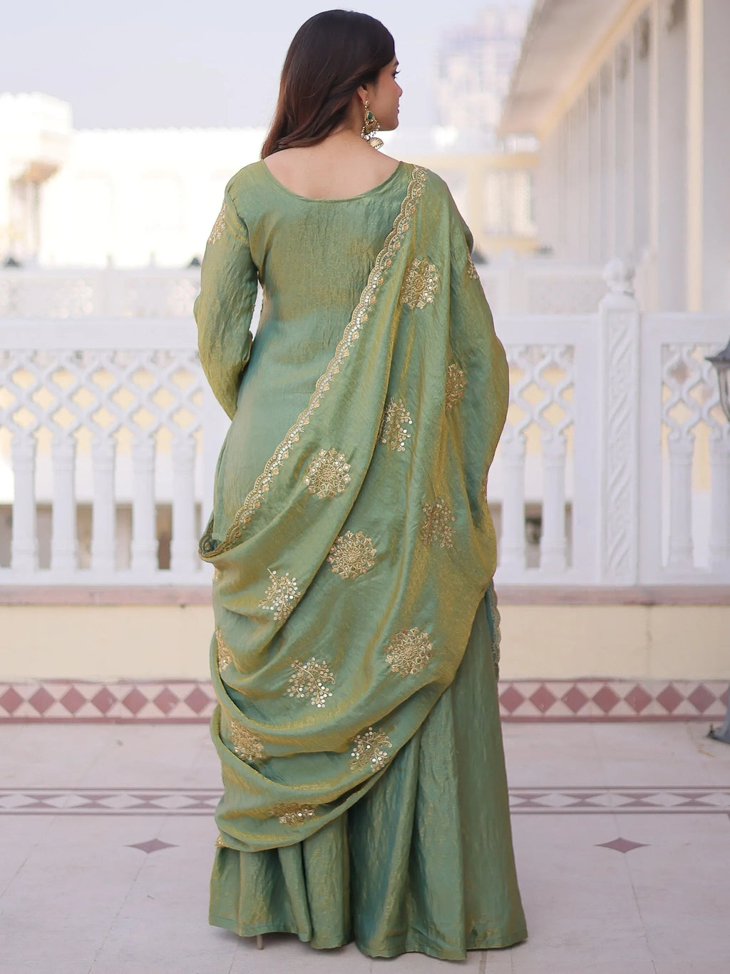 Green Attractive Sequins Crushed Function Wear Palazzo Suit