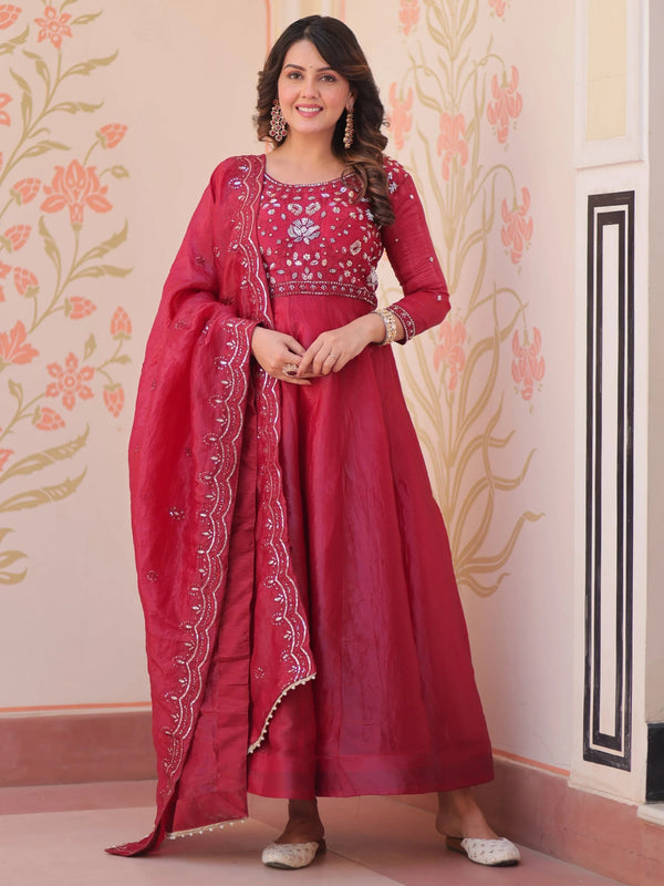 Maroon Dazzling Bead Embroidery Crushed Reception Wear Gown With Dupatta