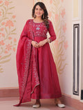 Maroon Dazzling Bead Embroidery Crushed Reception Wear Gown With Dupatta