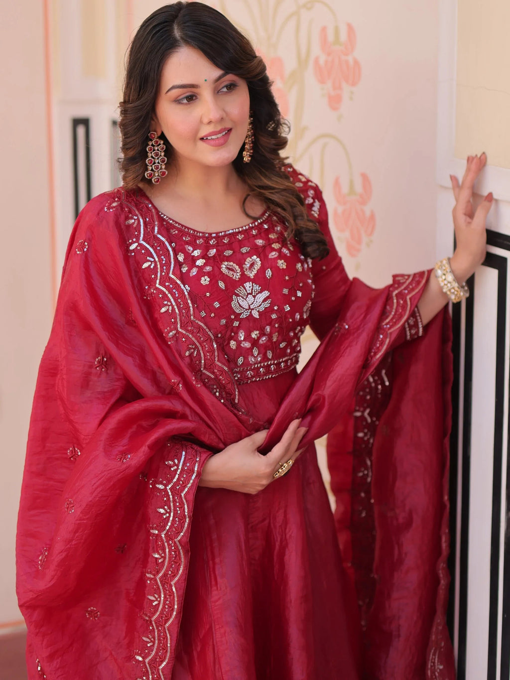Maroon Dazzling Bead Embroidery Crushed Reception Wear Gown With Dupatta