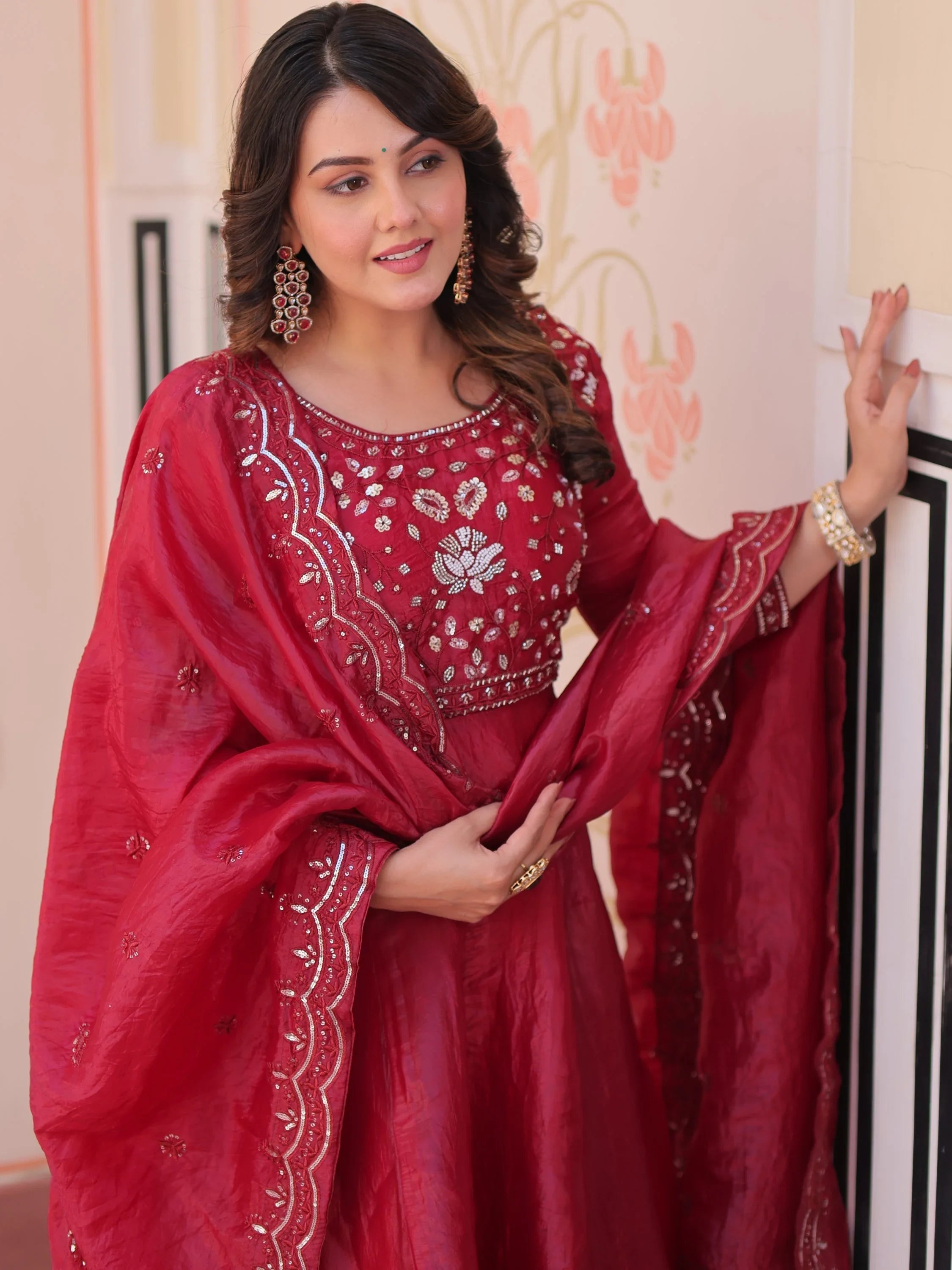 Maroon Dazzling Bead Embroidery Crushed Reception Wear Gown With Dupatta