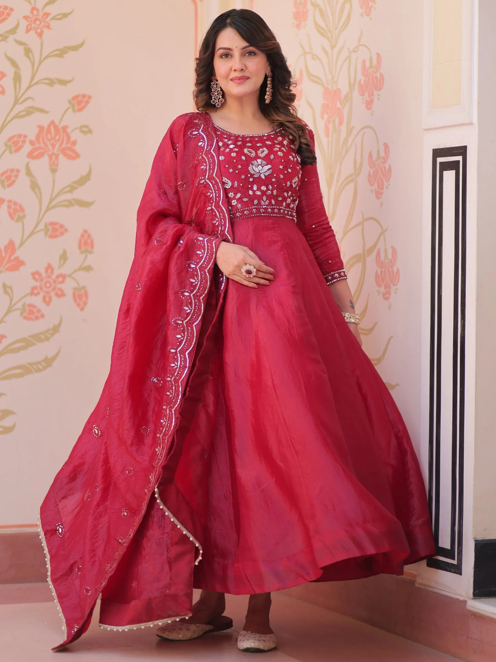 Maroon Dazzling Bead Embroidery Crushed Reception Wear Gown With Dupatta