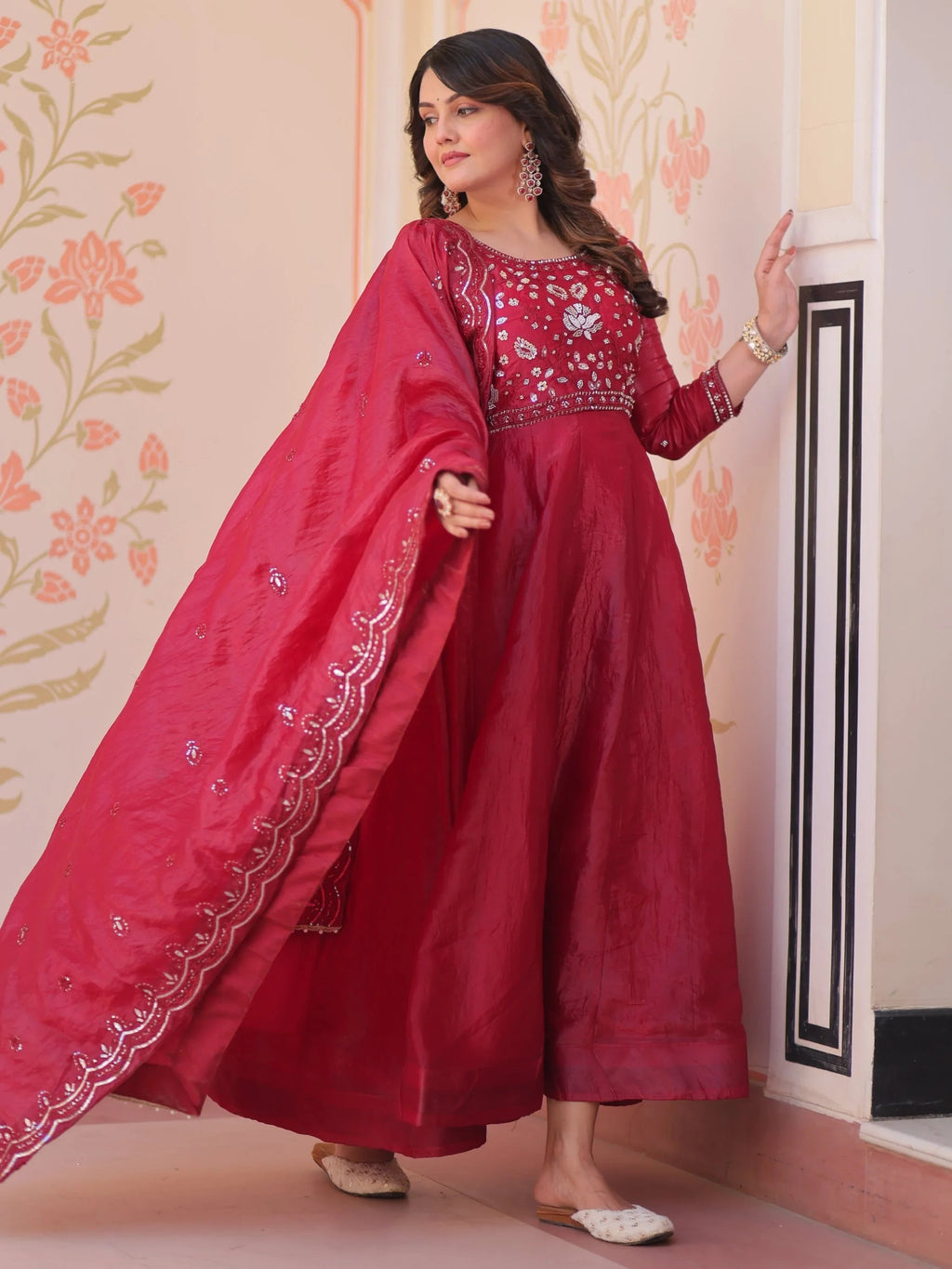 Maroon Dazzling Bead Embroidery Crushed Reception Wear Gown With Dupatta