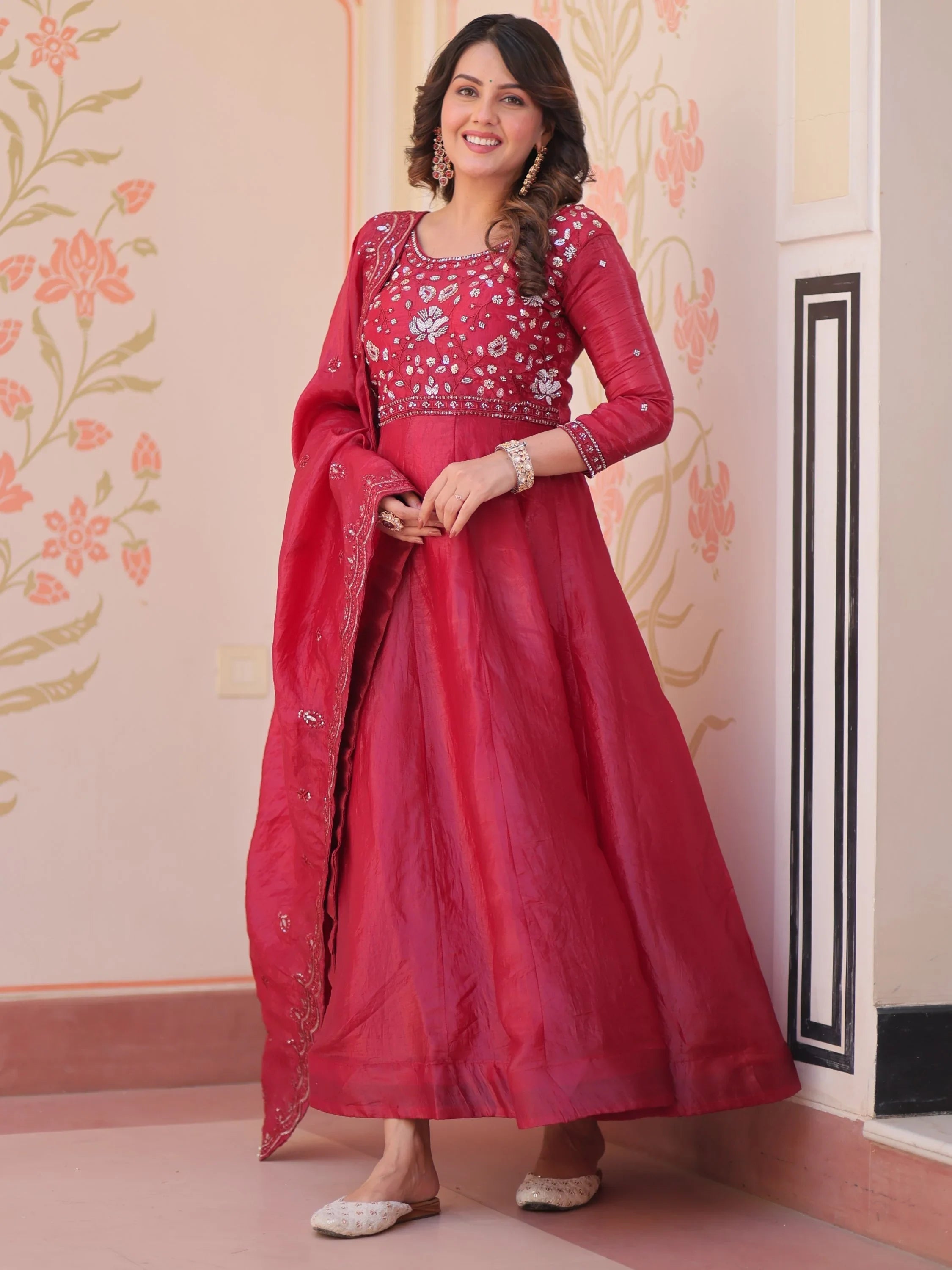 Maroon Dazzling Bead Embroidery Crushed Reception Wear Gown With Dupatta