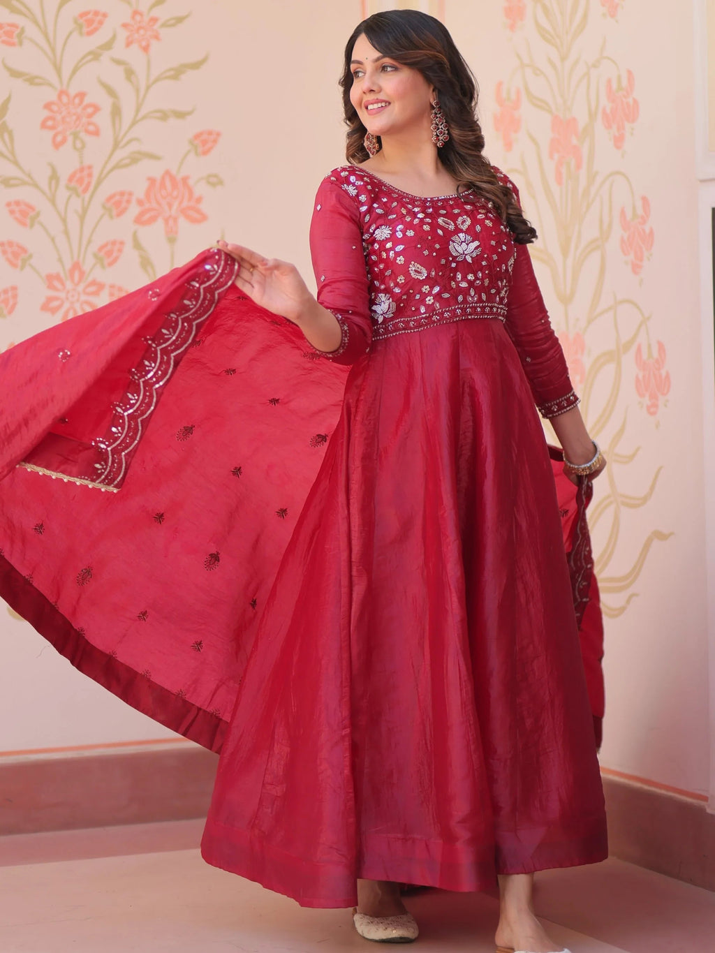 Maroon Dazzling Bead Embroidery Crushed Reception Wear Gown With Dupatta