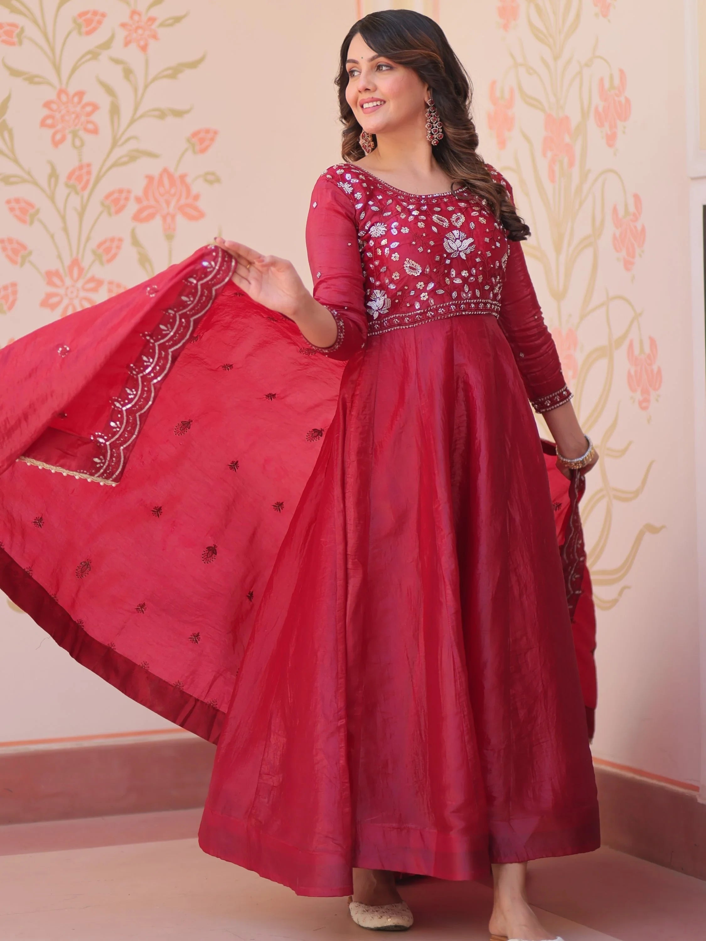 Maroon Dazzling Bead Embroidery Crushed Reception Wear Gown With Dupatta