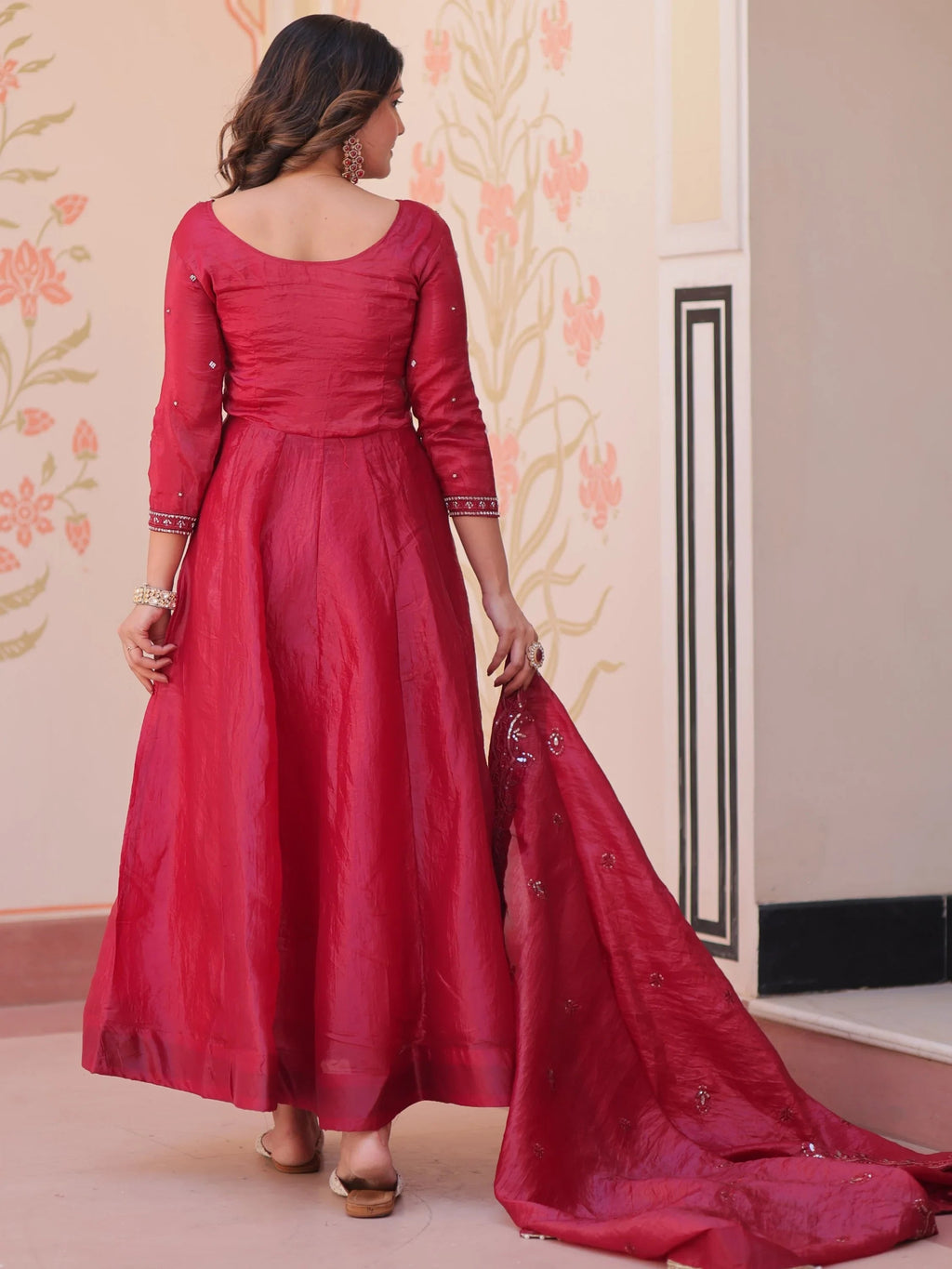 Maroon Dazzling Bead Embroidery Crushed Reception Wear Gown With Dupatta