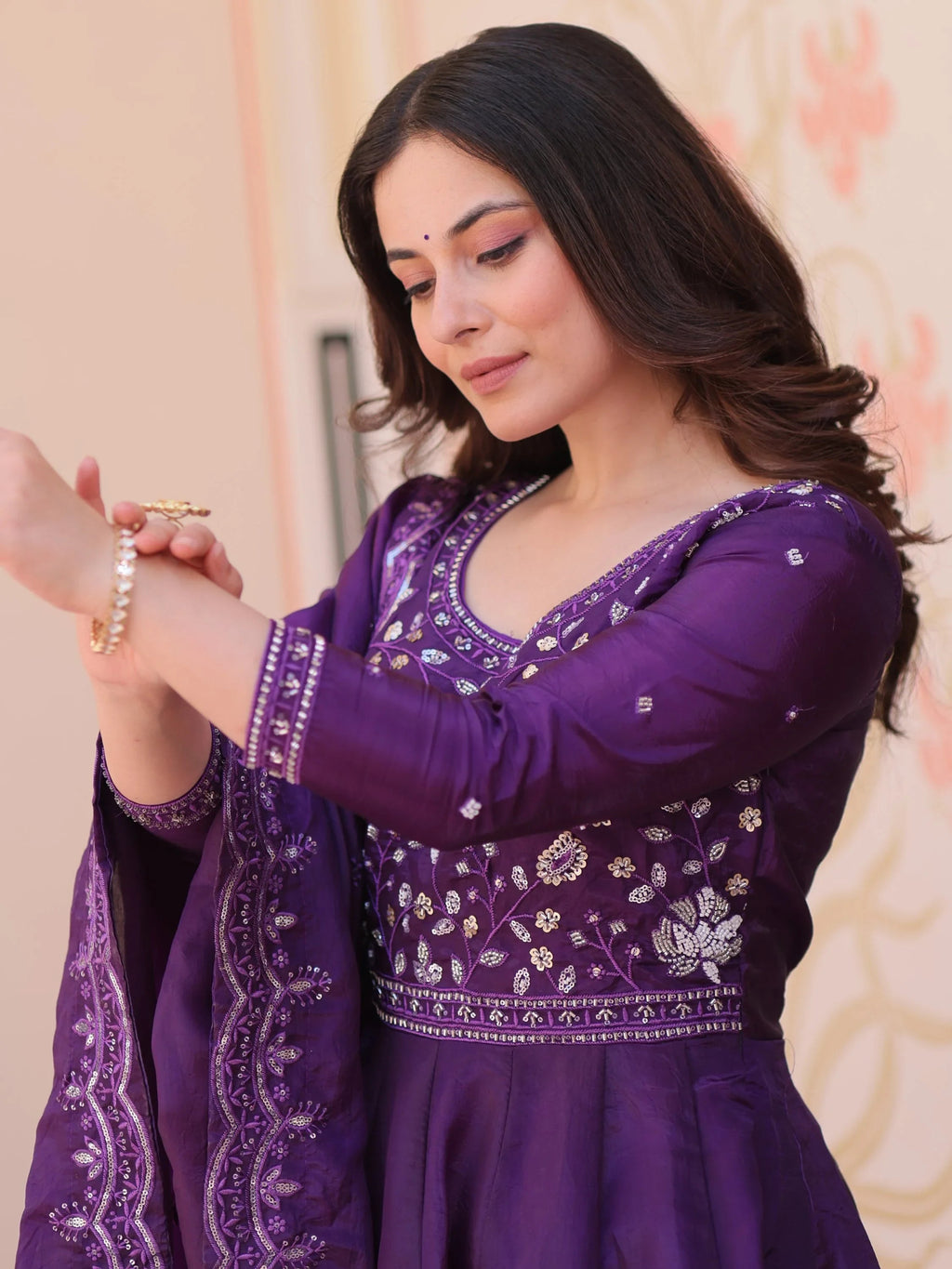 Purple Dazzling Bead Embroidery Crushed Reception Wear Gown With Dupatta