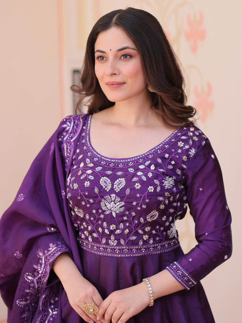 Purple Dazzling Bead Embroidery Crushed Reception Wear Gown With Dupatta