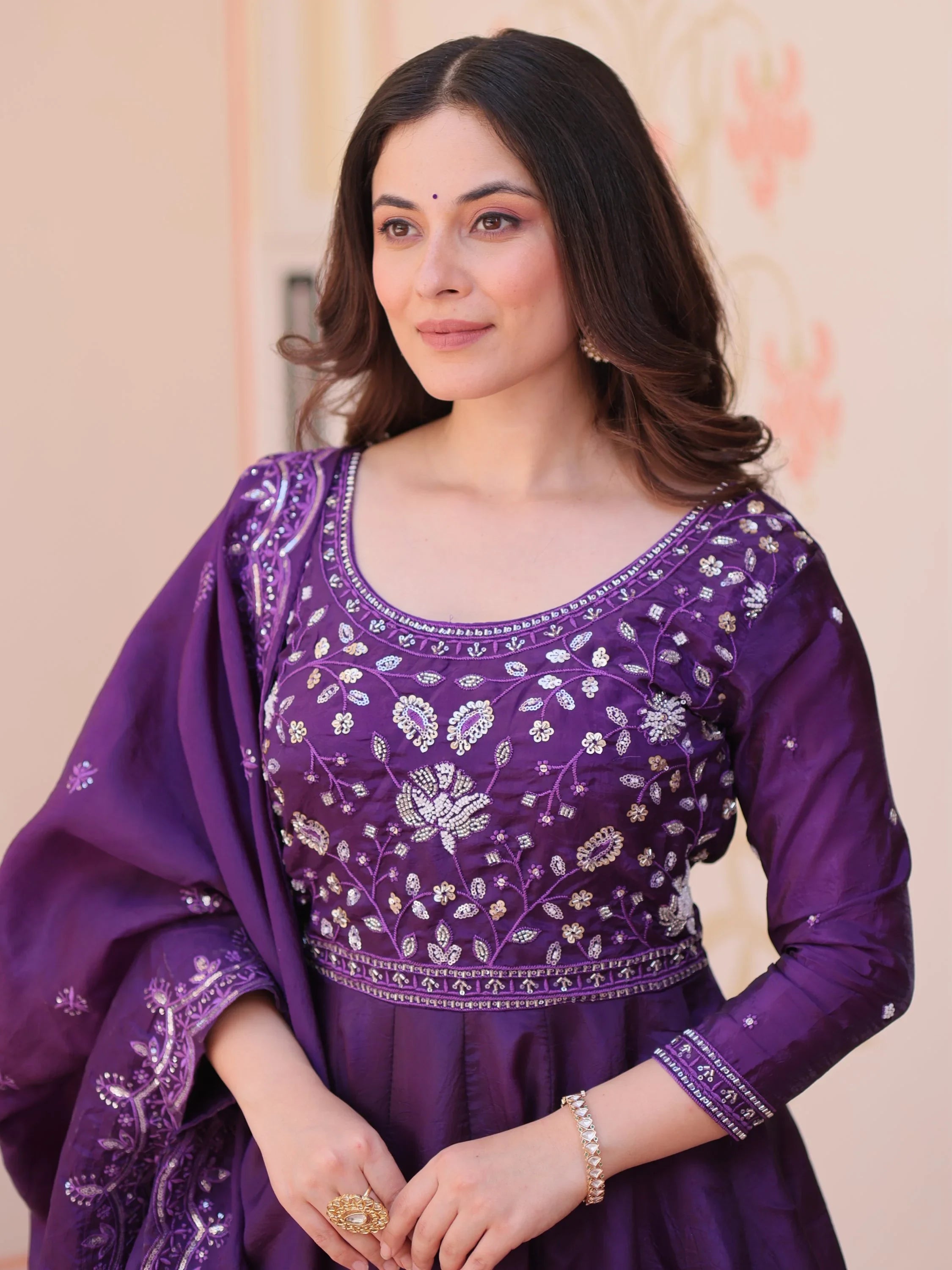 Purple Dazzling Bead Embroidery Crushed Reception Wear Gown With Dupatta