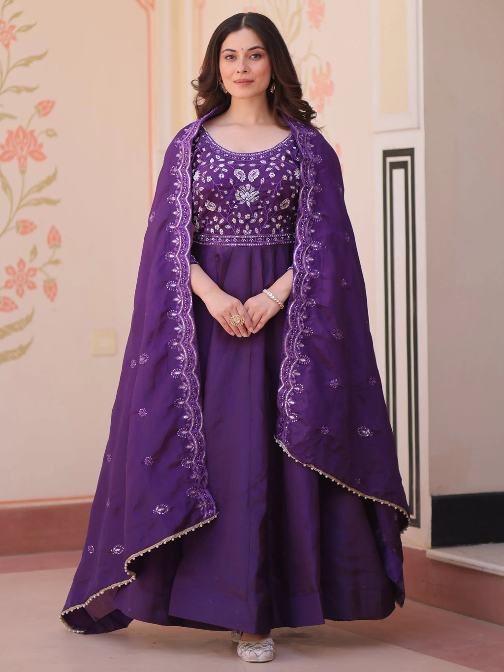 Purple Dazzling Bead Embroidery Crushed Reception Wear Gown With Dupatta