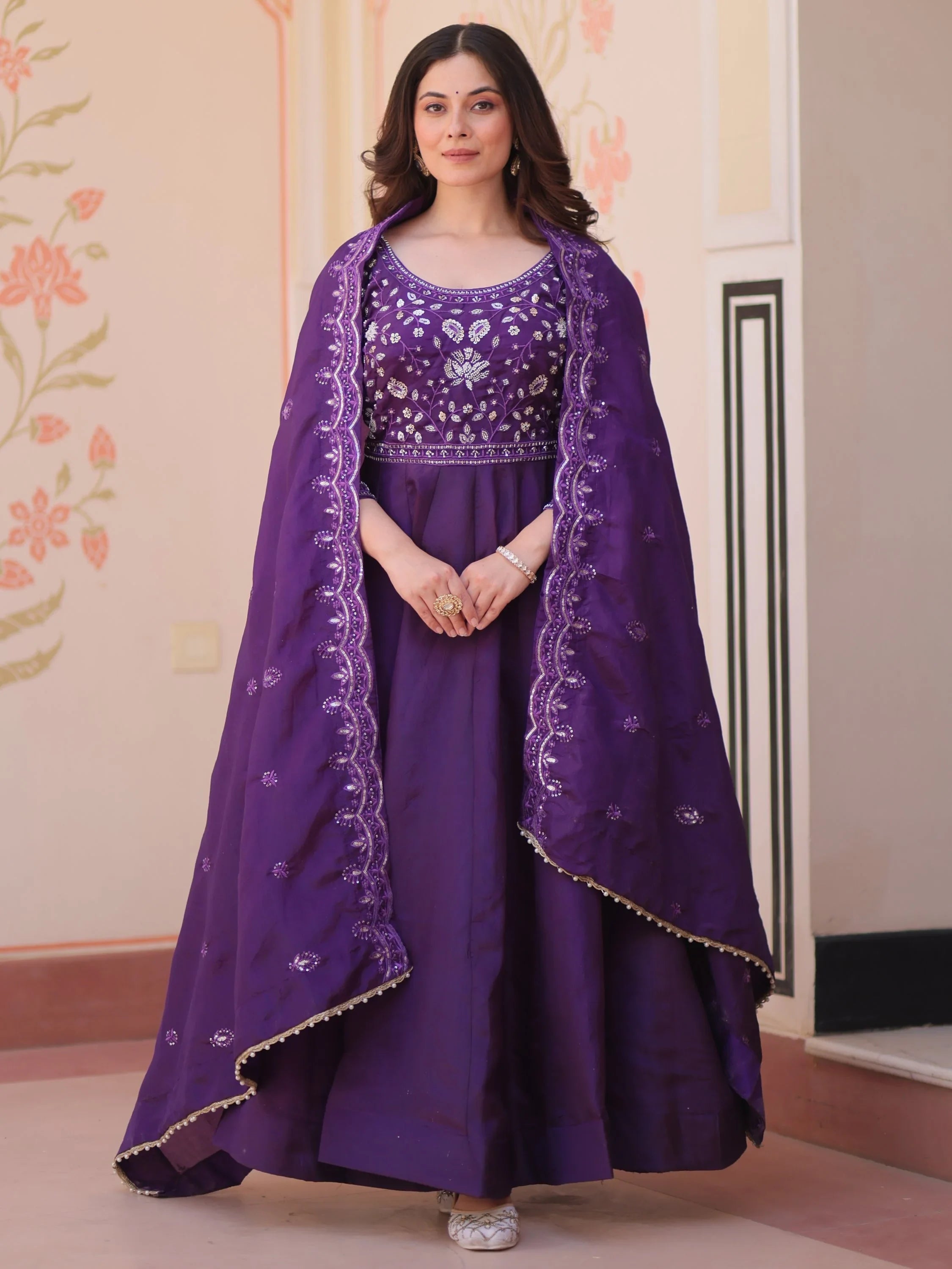 Purple Dazzling Bead Embroidery Crushed Reception Wear Gown With Dupatta