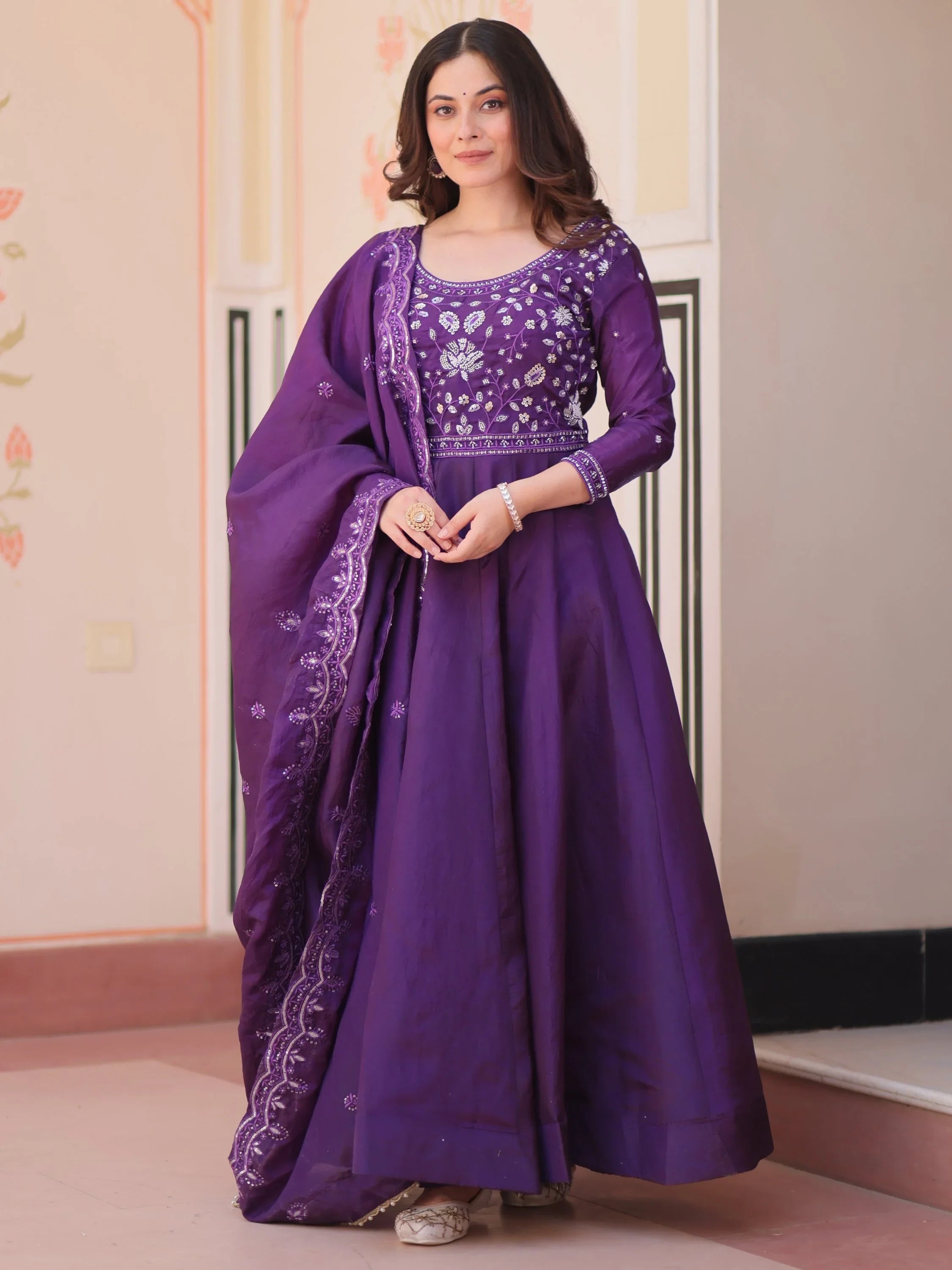 Purple Dazzling Bead Embroidery Crushed Reception Wear Gown With Dupatta