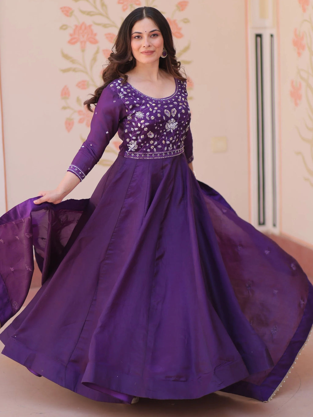 Purple Dazzling Bead Embroidery Crushed Reception Wear Gown With Dupatta