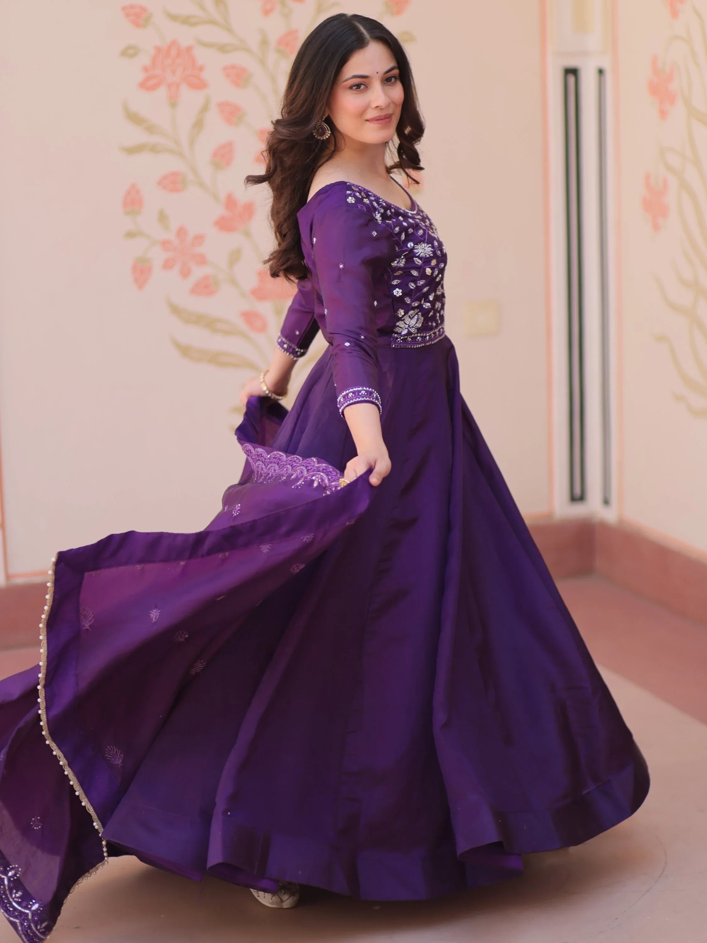 Purple Dazzling Bead Embroidery Crushed Reception Wear Gown With Dupatta
