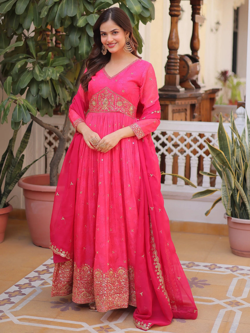 Exclusive Pink Zari Work Silk Event Wear Gown With Dupatta