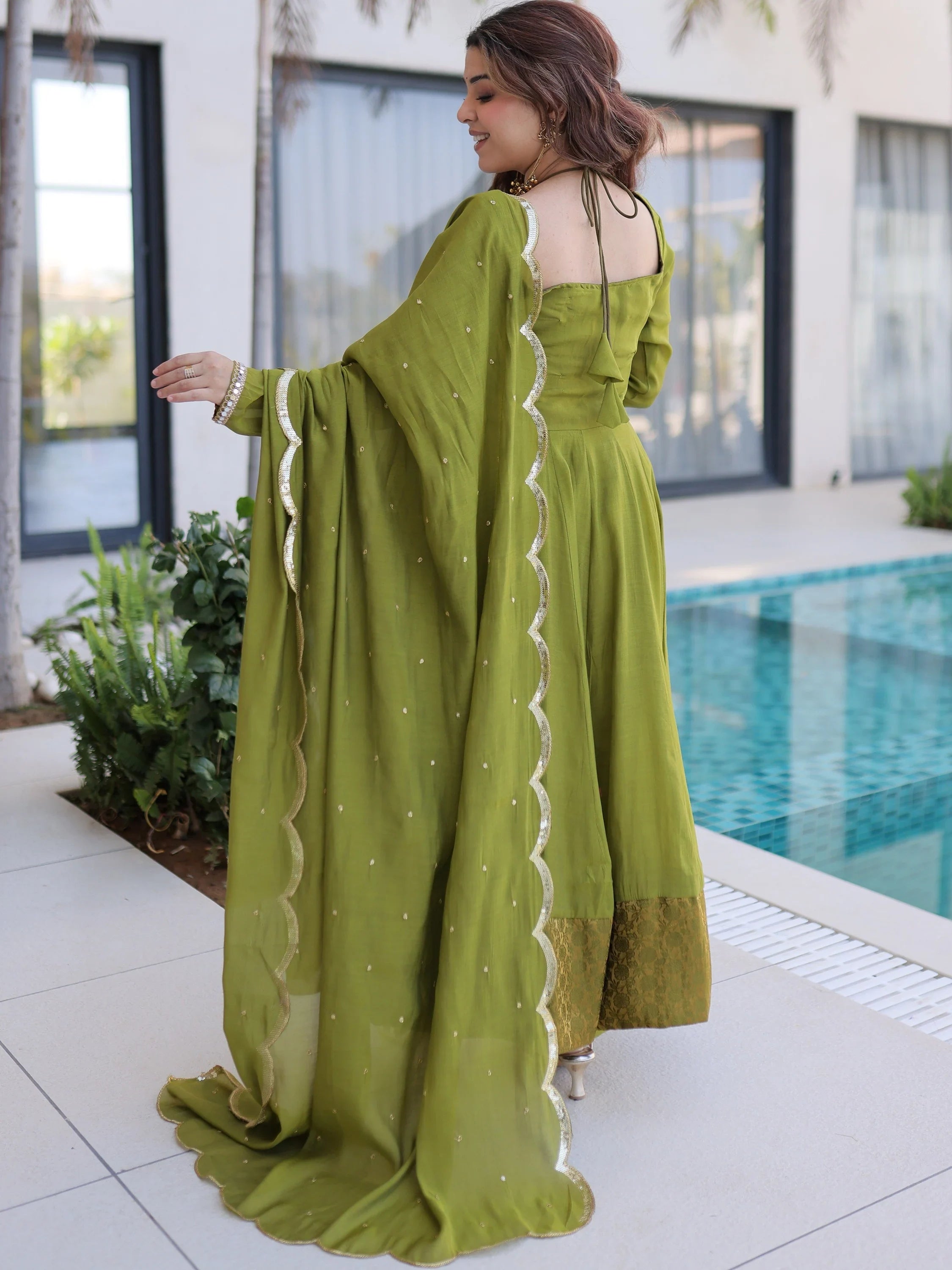 Green Outstanding Lace Work Chanderi Mehendi Wear Anarkali Suit Pant