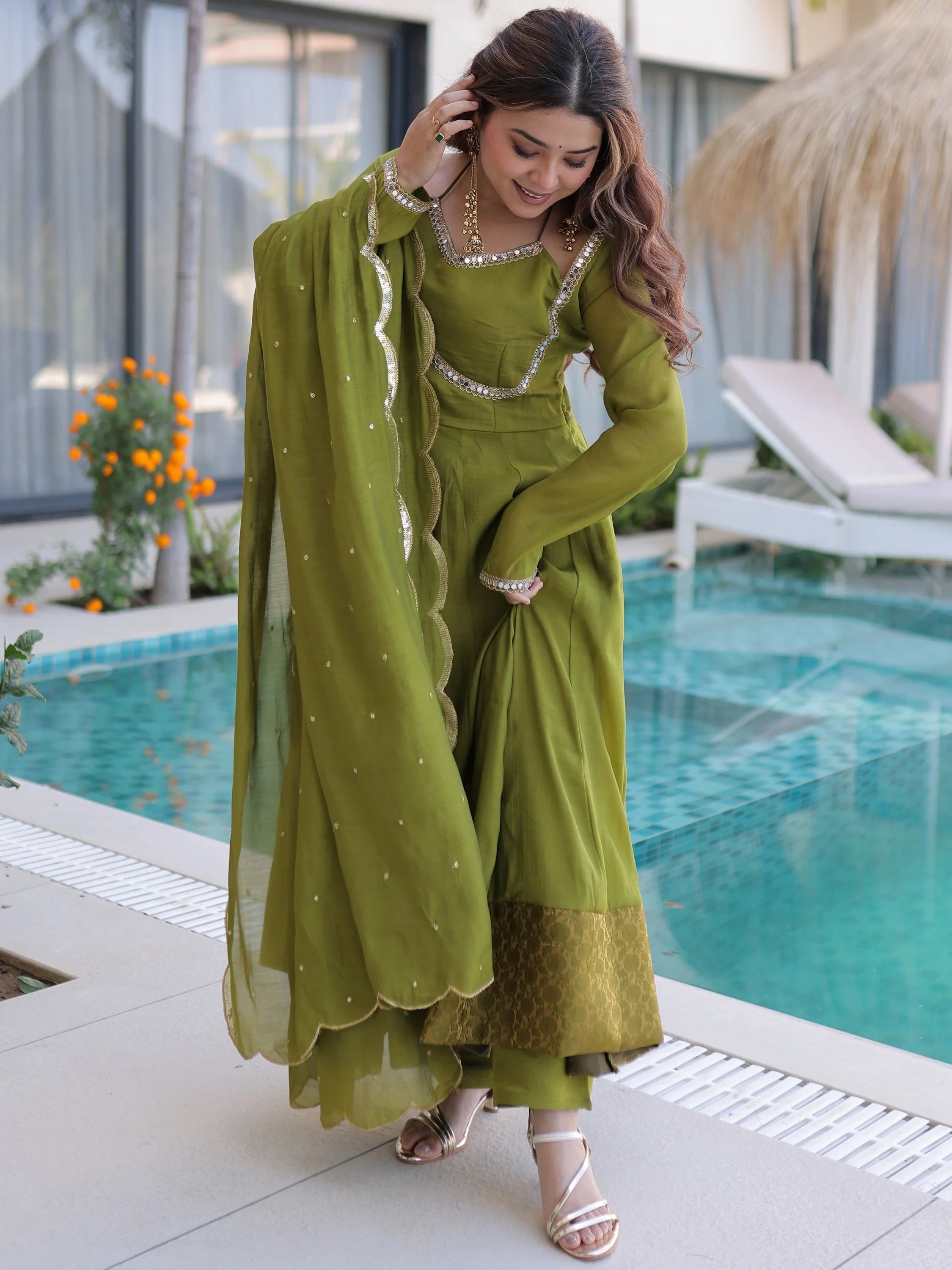Green Outstanding Lace Work Chanderi Mehendi Wear Anarkali Suit Pant