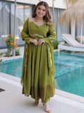Green Outstanding Lace Work Chanderi Mehendi Wear Anarkali Suit Pant