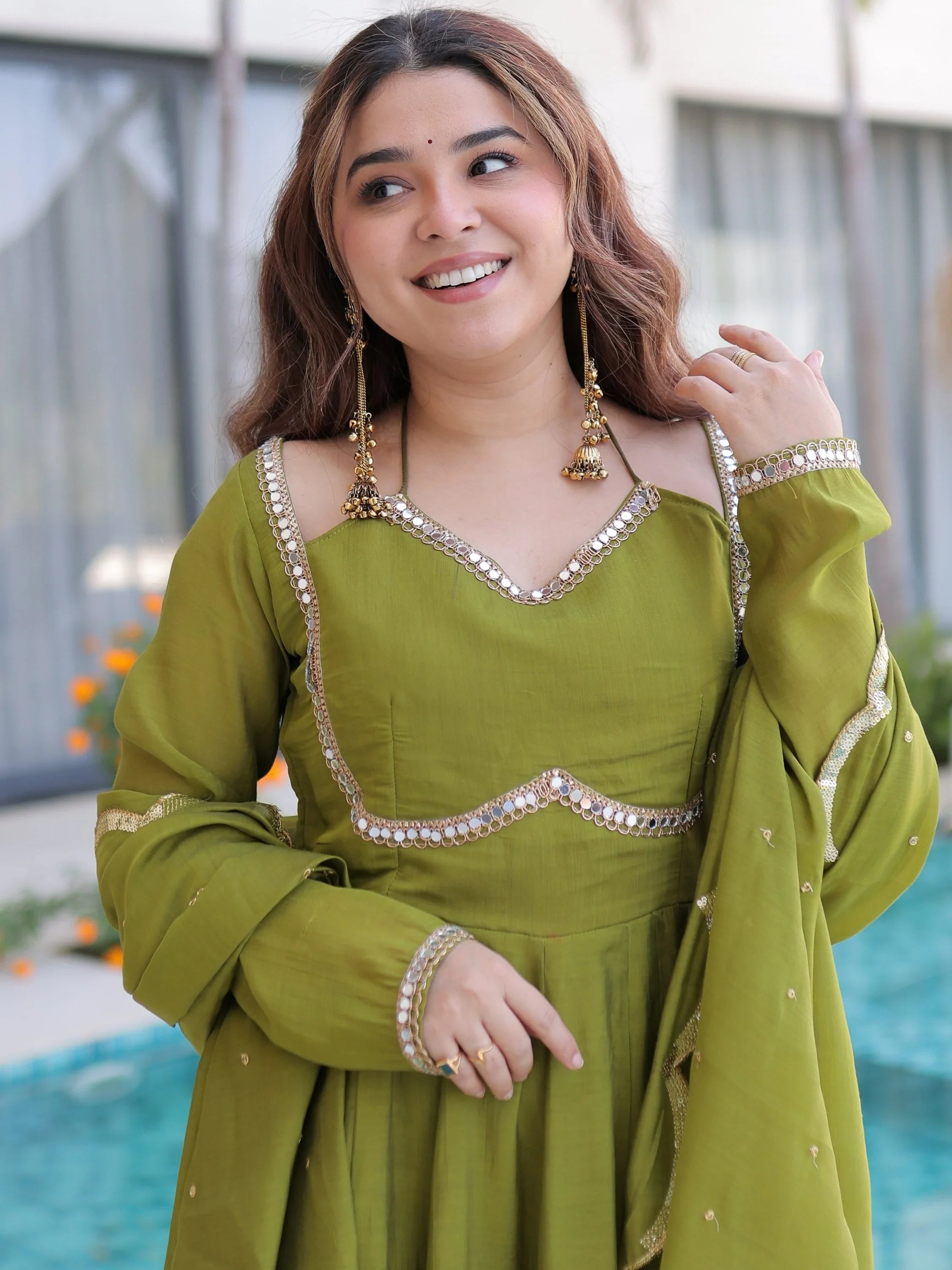 Green Outstanding Lace Work Chanderi Mehendi Wear Anarkali Suit Pant