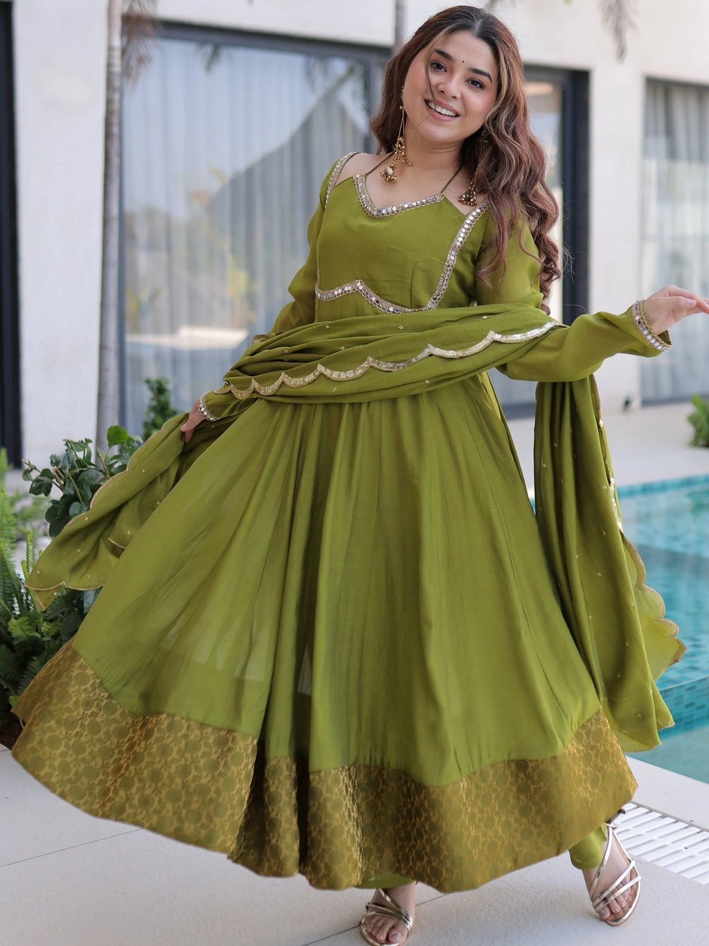 Green Outstanding Lace Work Chanderi Mehendi Wear Anarkali Suit Pant