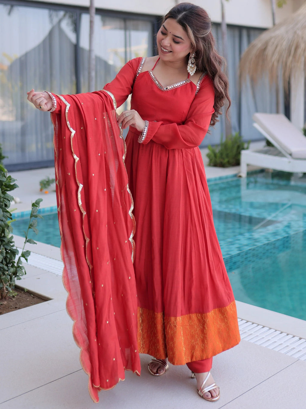 Red Outstanding Lace Work Chanderi Mehendi Wear Anarkali Suit Pant