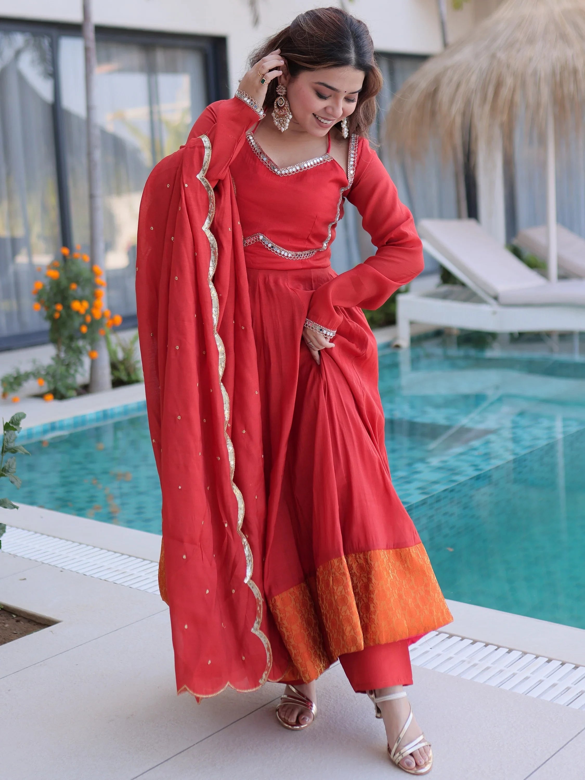 Red Outstanding Lace Work Chanderi Mehendi Wear Anarkali Suit Pant