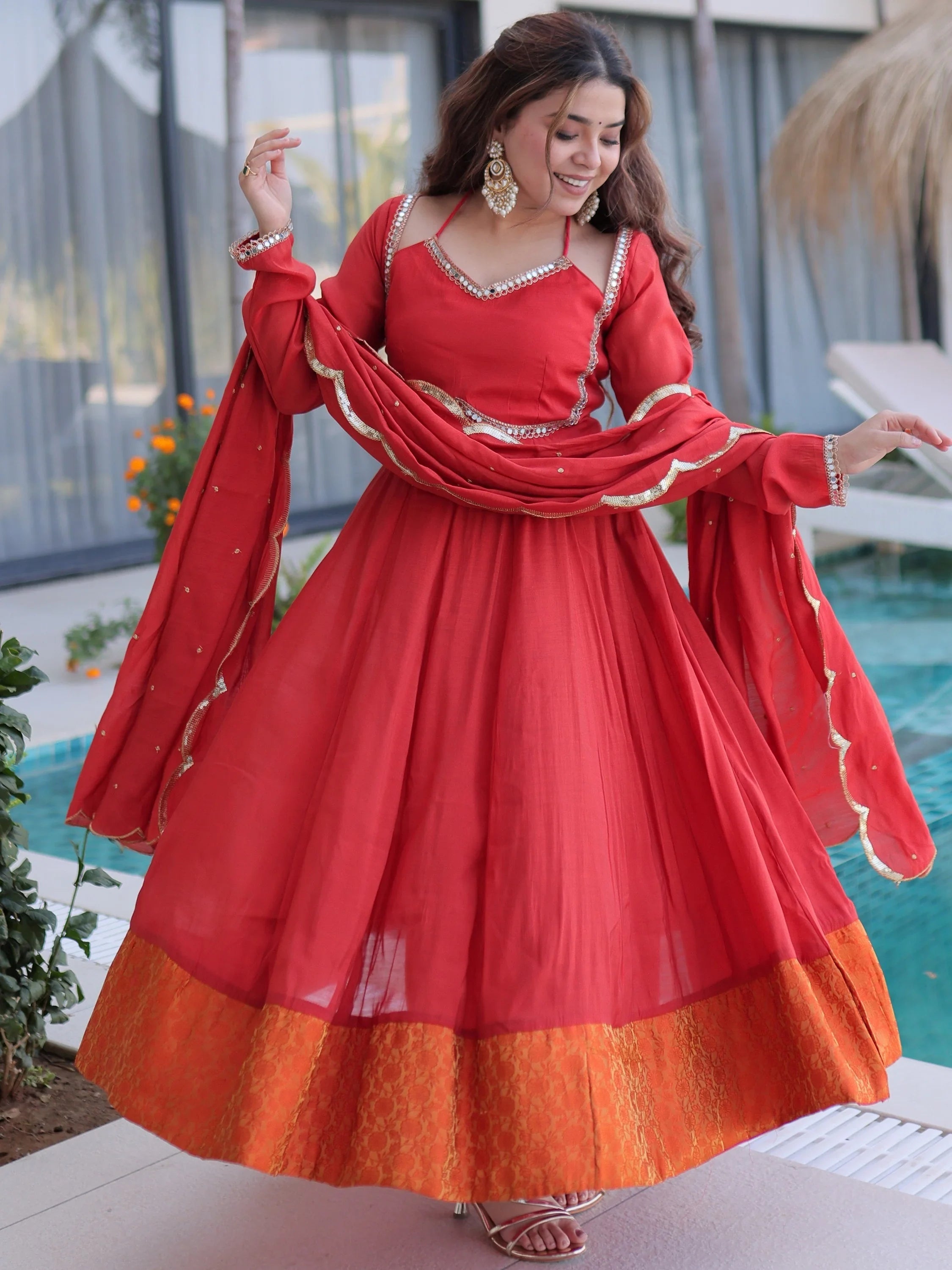 Red Outstanding Lace Work Chanderi Mehendi Wear Anarkali Suit Pant