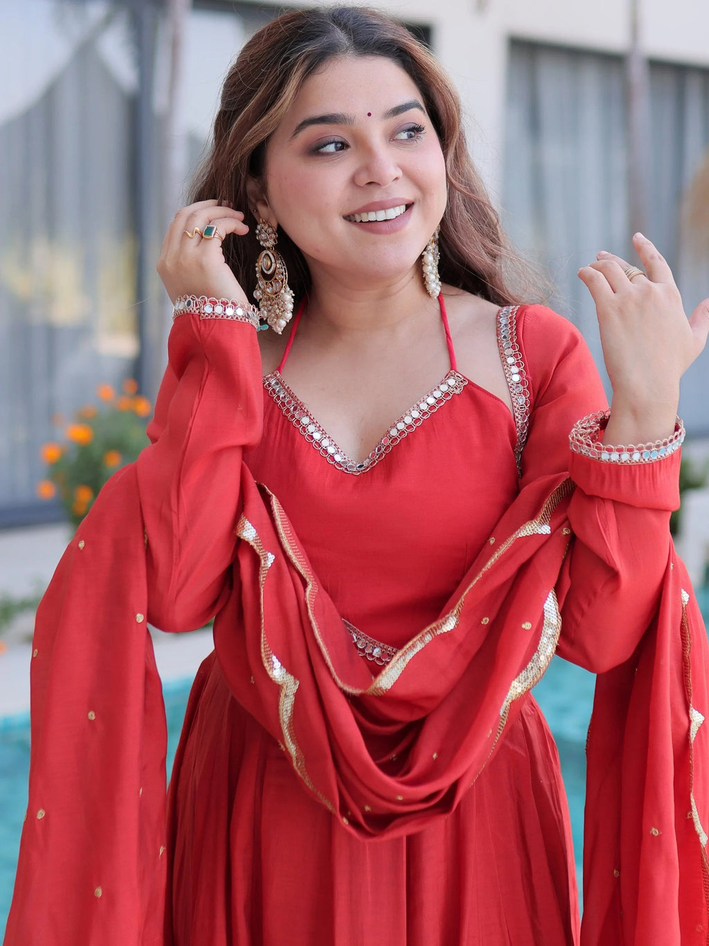 Red Outstanding Lace Work Chanderi Mehendi Wear Anarkali Suit Pant