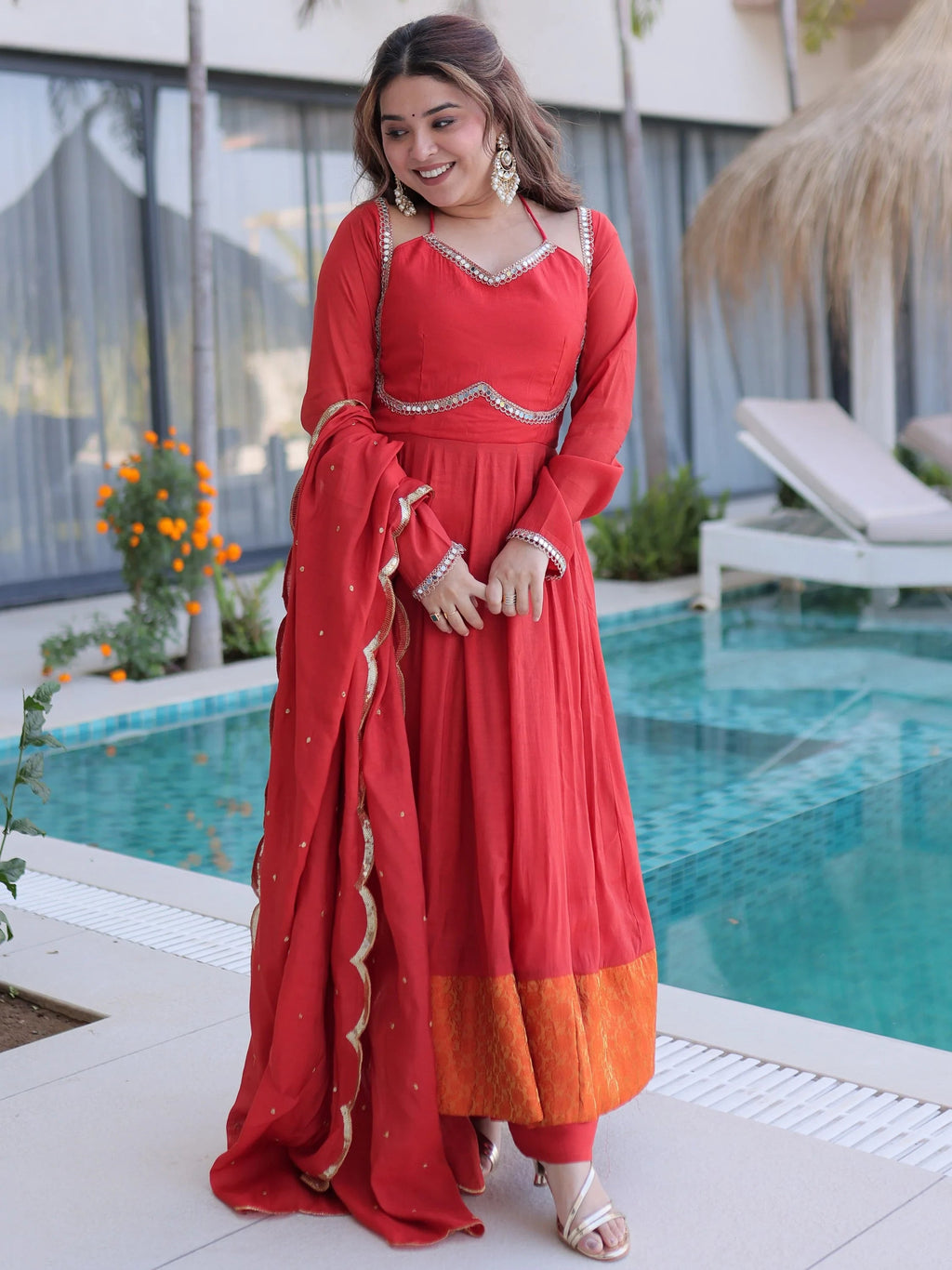 Red Outstanding Lace Work Chanderi Mehendi Wear Anarkali Suit Pant