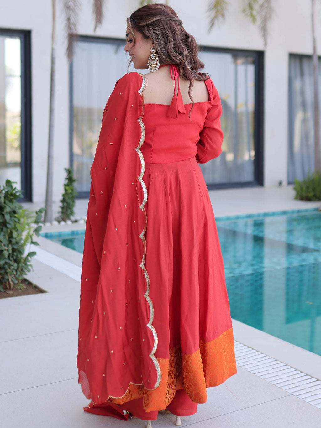Red Outstanding Lace Work Chanderi Mehendi Wear Anarkali Suit Pant