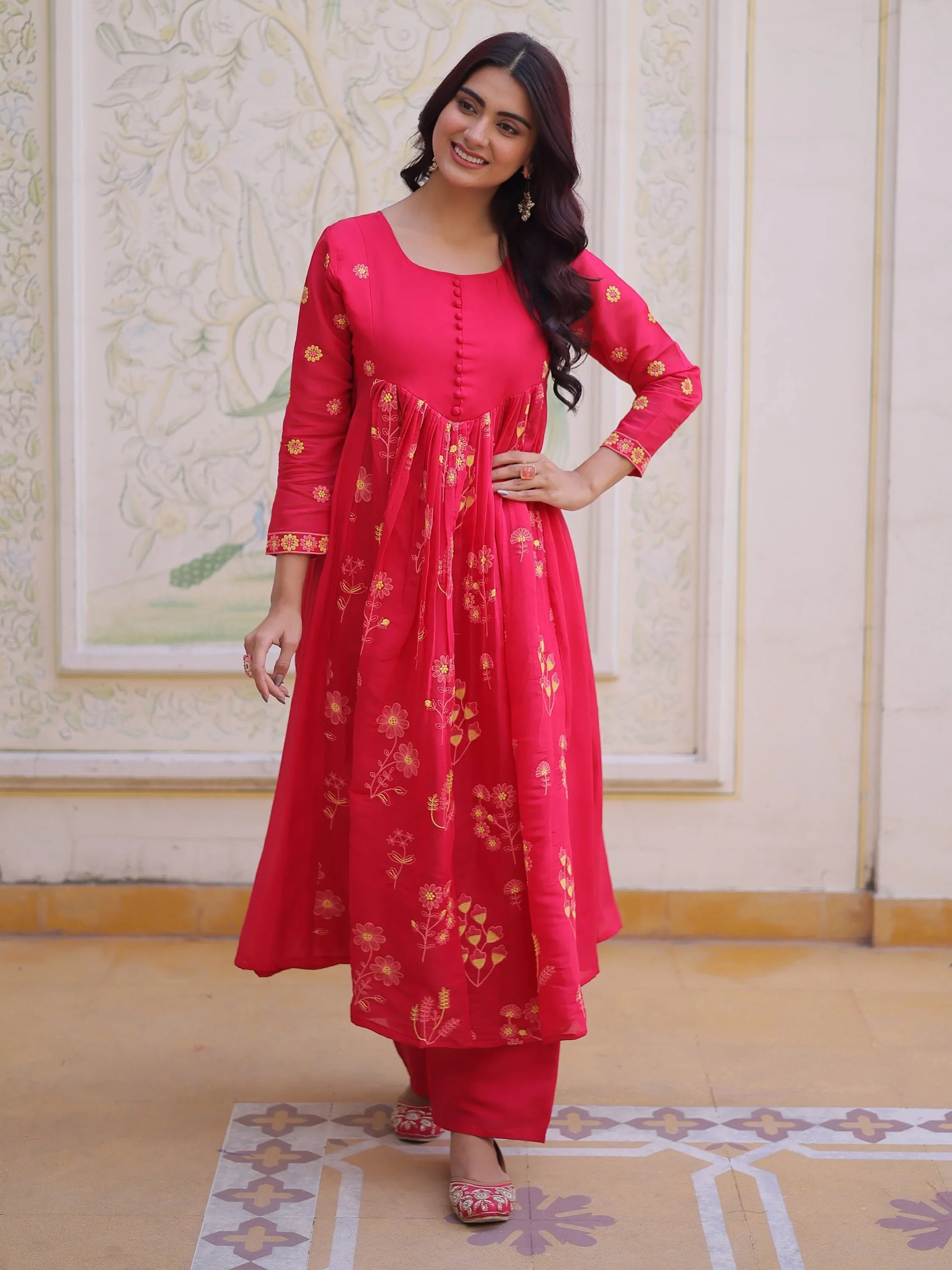 Pink Enchanting Thread Embroidery Chanderi Function Wear Pant Suit