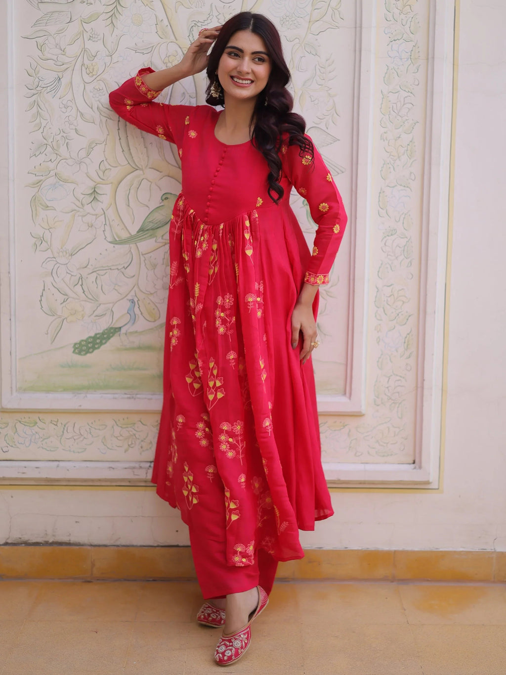 Pink Enchanting Thread Embroidery Chanderi Function Wear Pant Suit