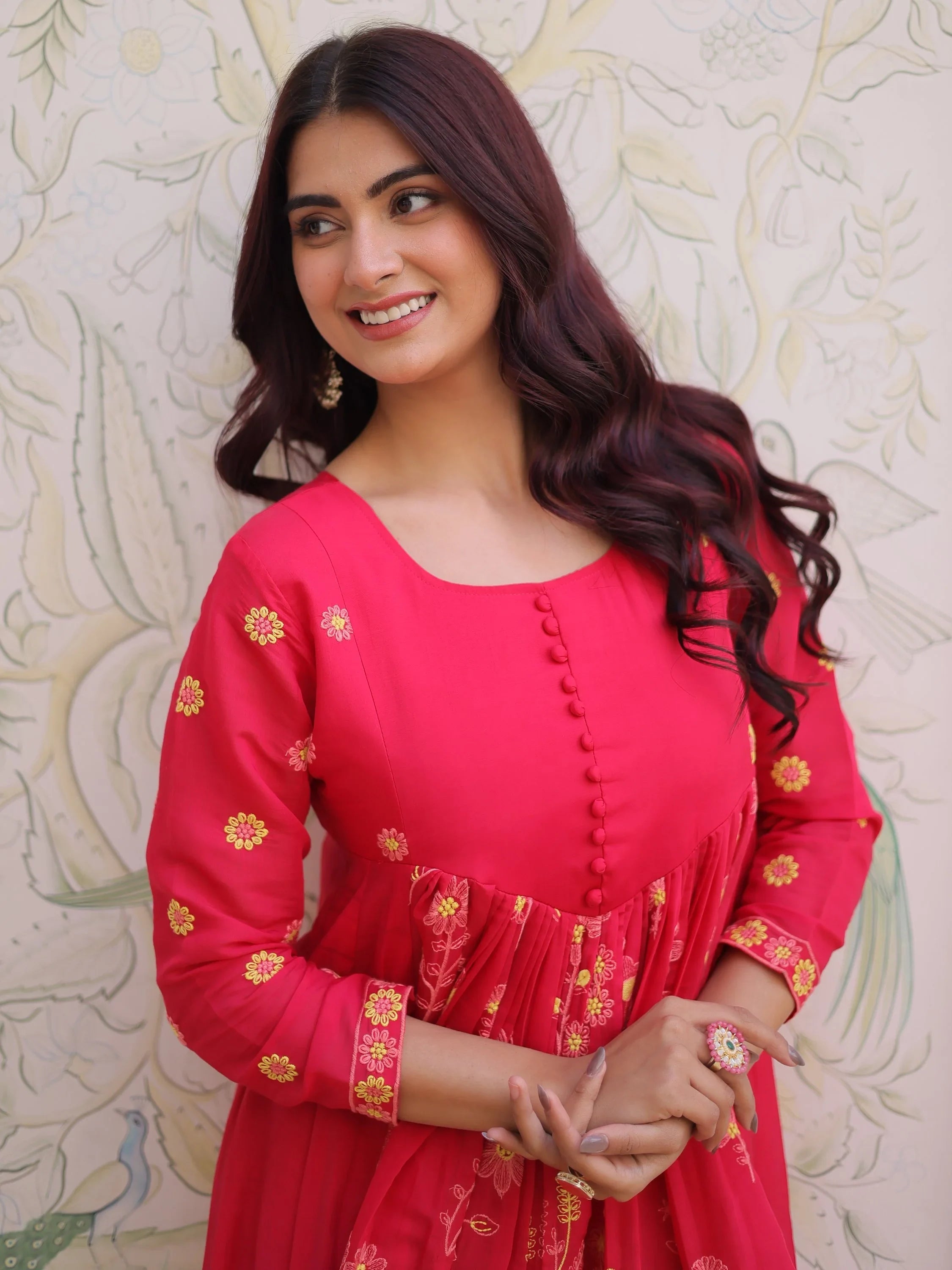 Pink Enchanting Thread Embroidery Chanderi Function Wear Pant Suit