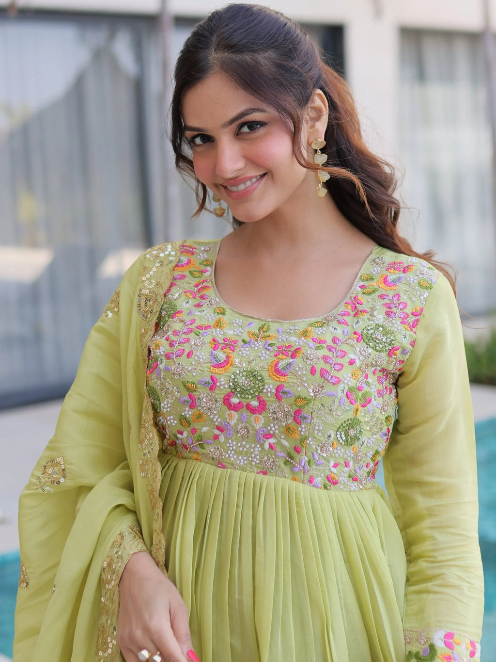 Green Charming Bead Work Chanderi Event Wear Anarkali Pant Suit