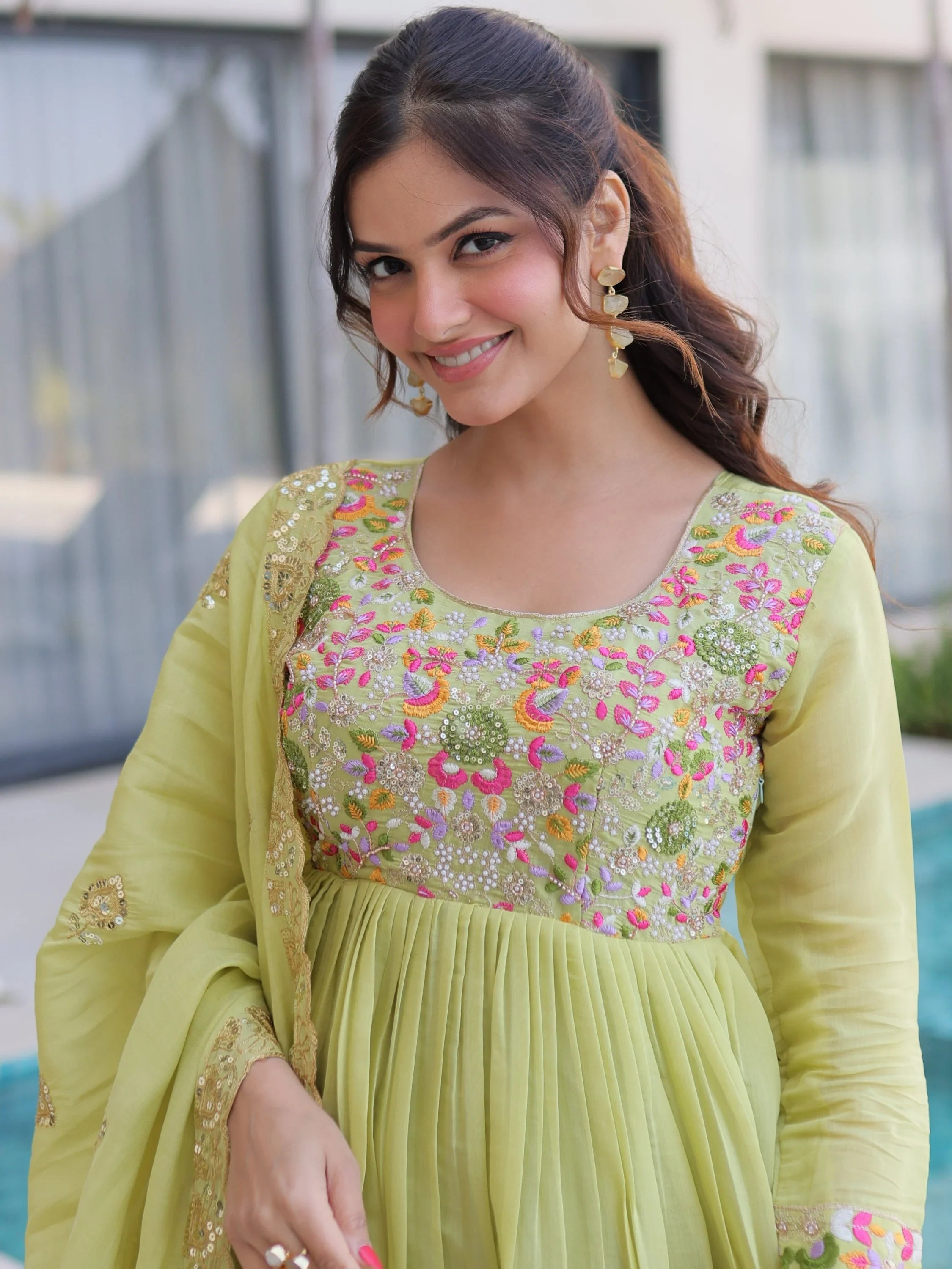 Green Charming Bead Work Chanderi Event Wear Anarkali Pant Suit
