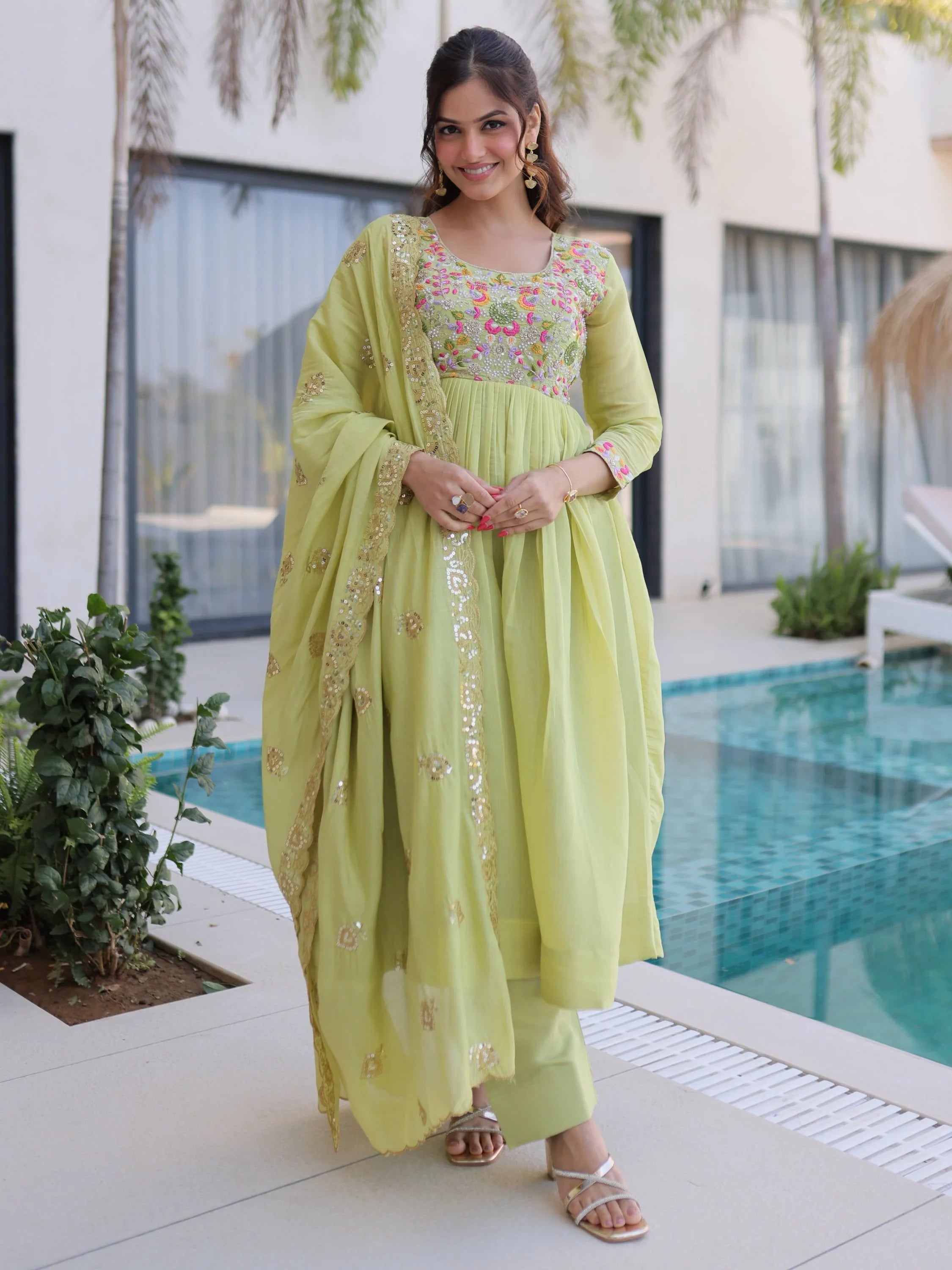 Green Charming Bead Work Chanderi Event Wear Anarkali Pant Suit