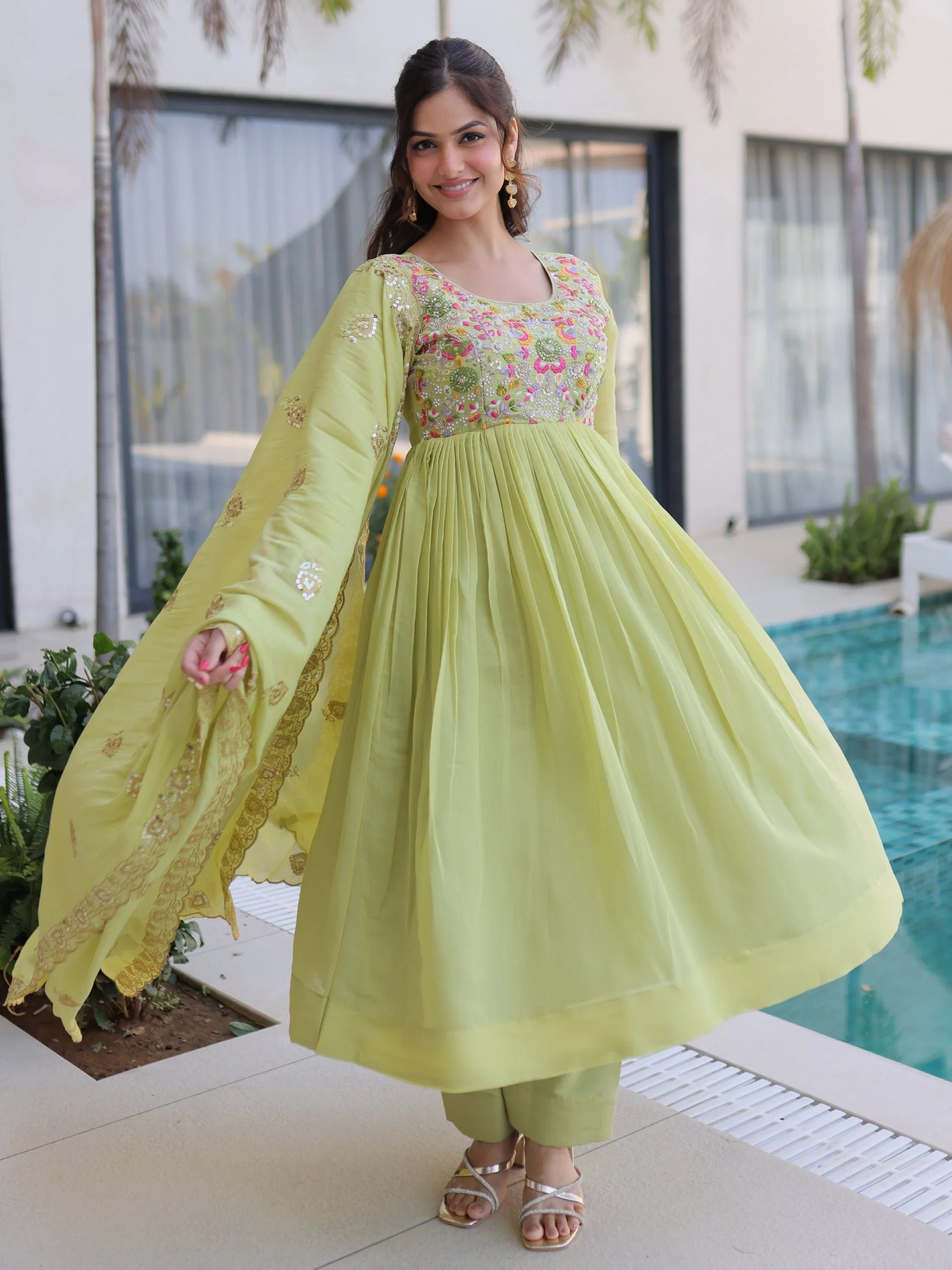 Green Charming Bead Work Chanderi Event Wear Anarkali Pant Suit