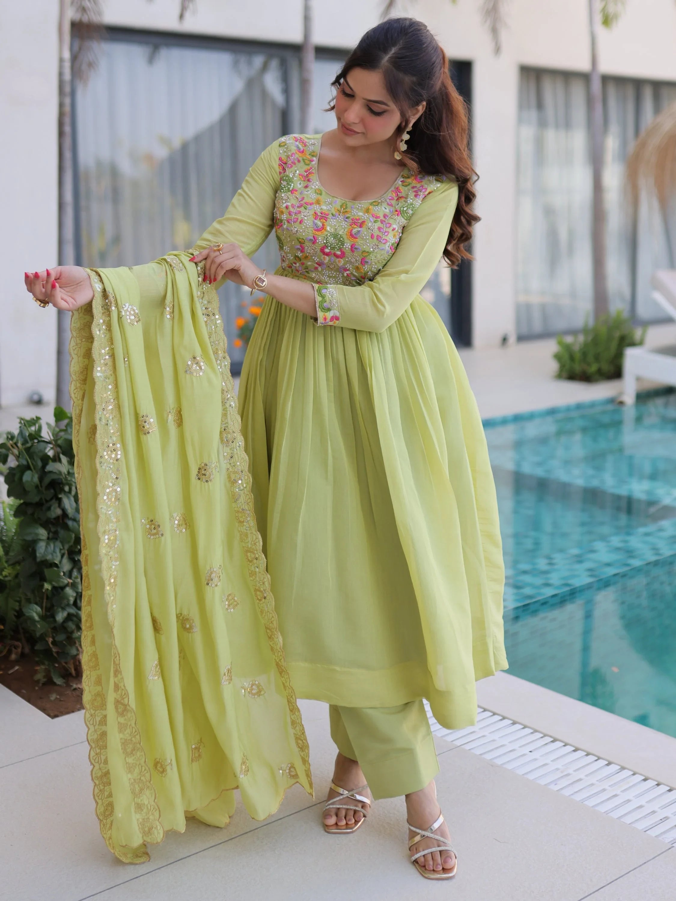 Green Charming Bead Work Chanderi Event Wear Anarkali Pant Suit