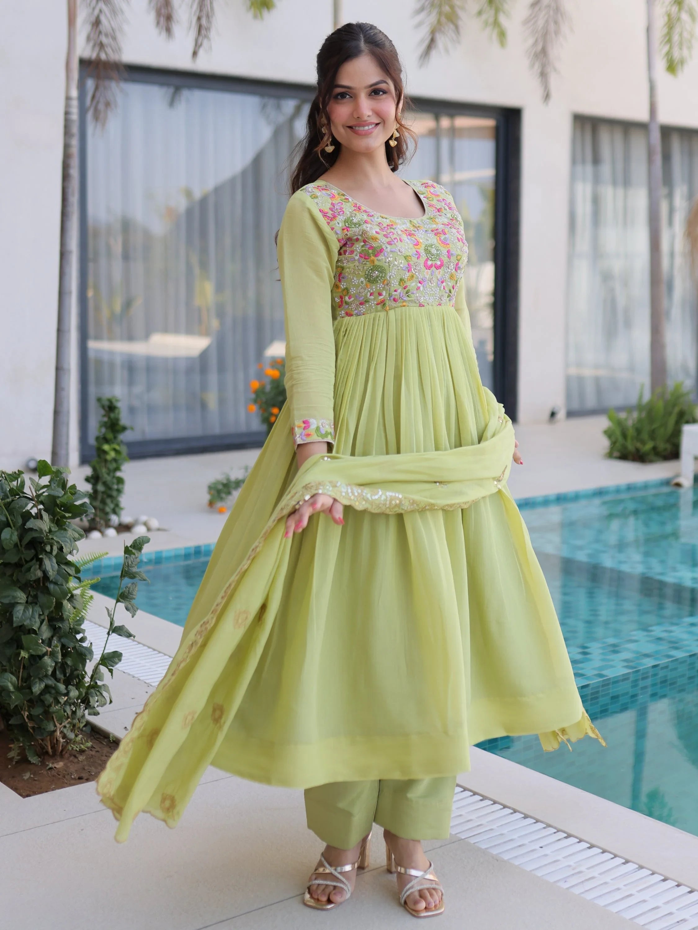 Green Charming Bead Work Chanderi Event Wear Anarkali Pant Suit