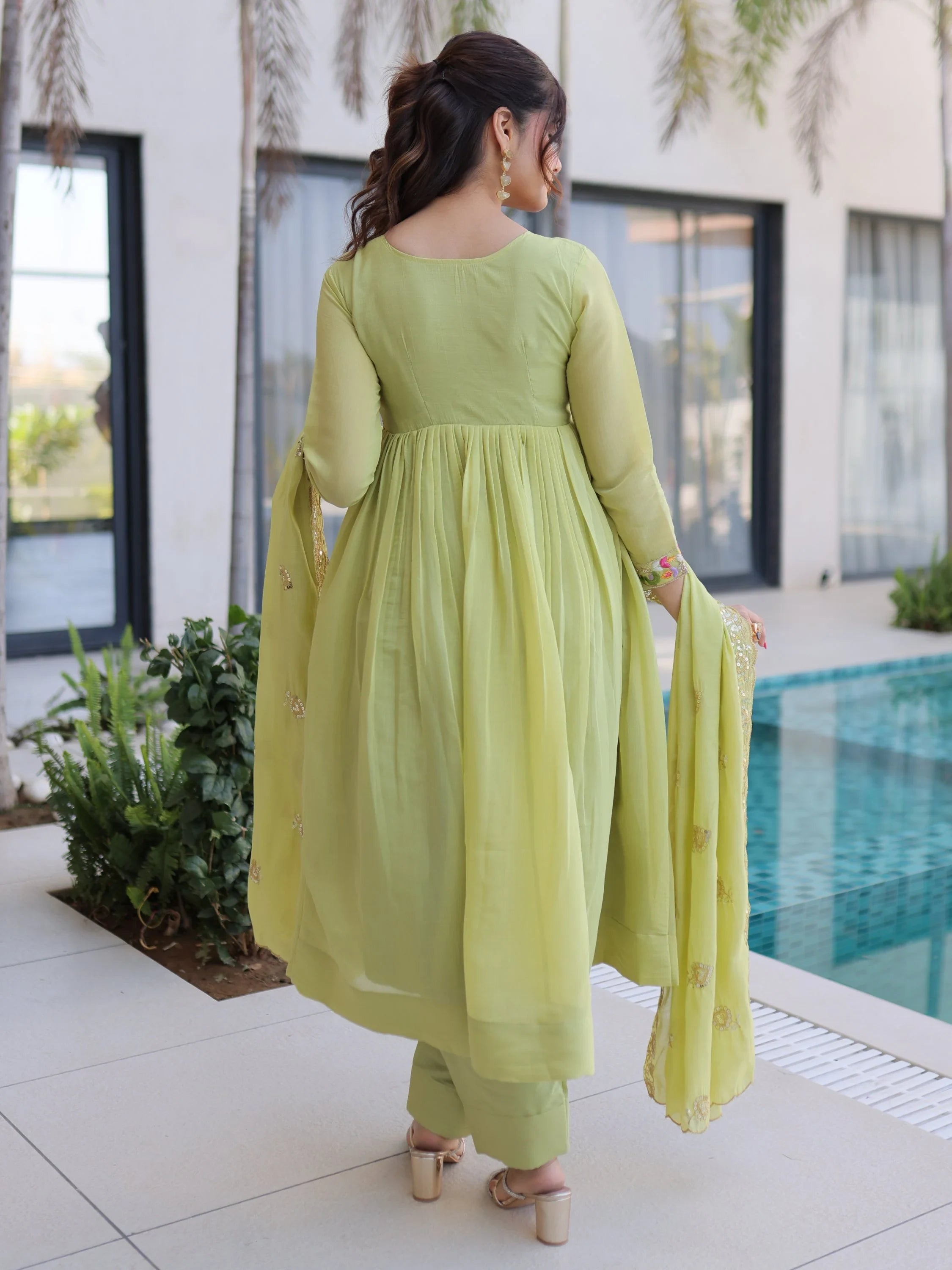 Green Charming Bead Work Chanderi Event Wear Anarkali Pant Suit