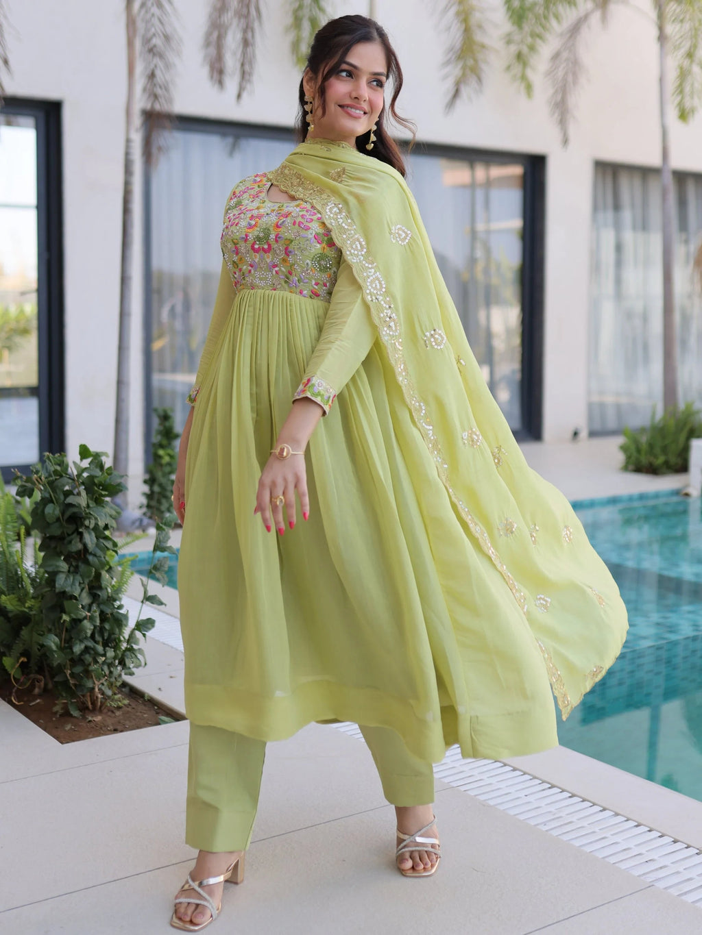 Green Charming Bead Work Chanderi Event Wear Anarkali Pant Suit
