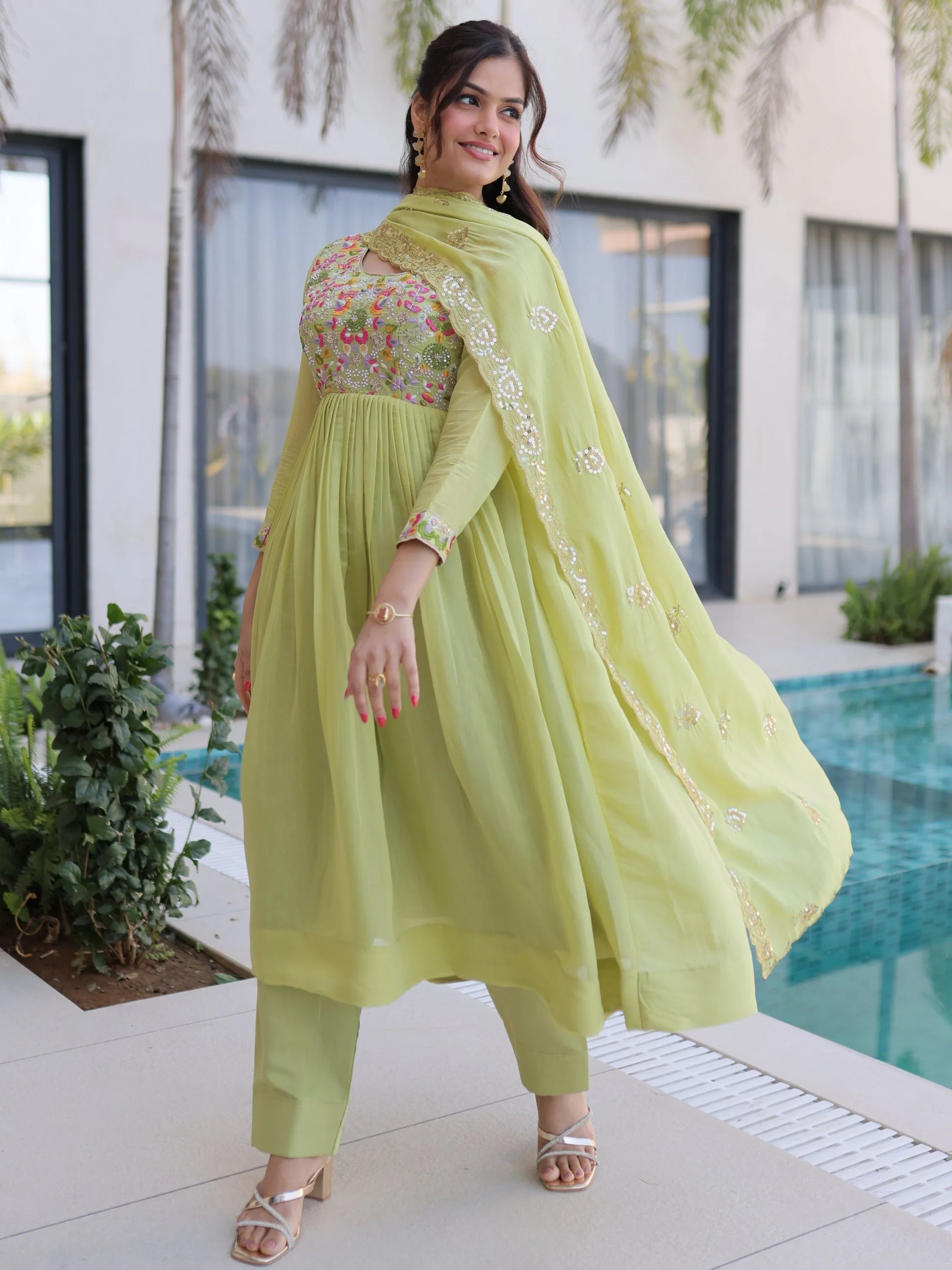 Green Charming Bead Work Chanderi Event Wear Anarkali Pant Suit