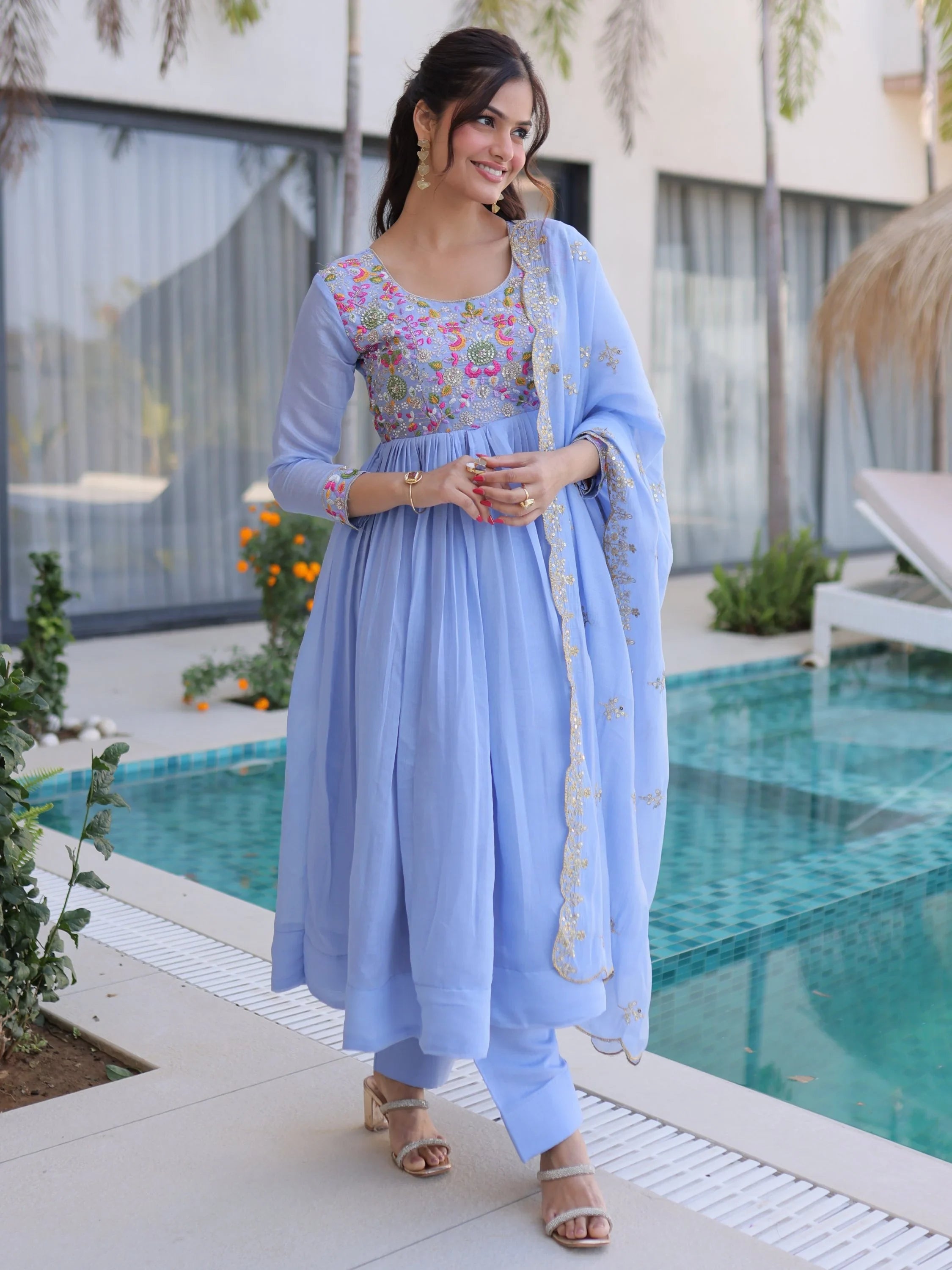 Sky Blue Charming Bead Work Chanderi Event Wear Anarkali Pant Suit