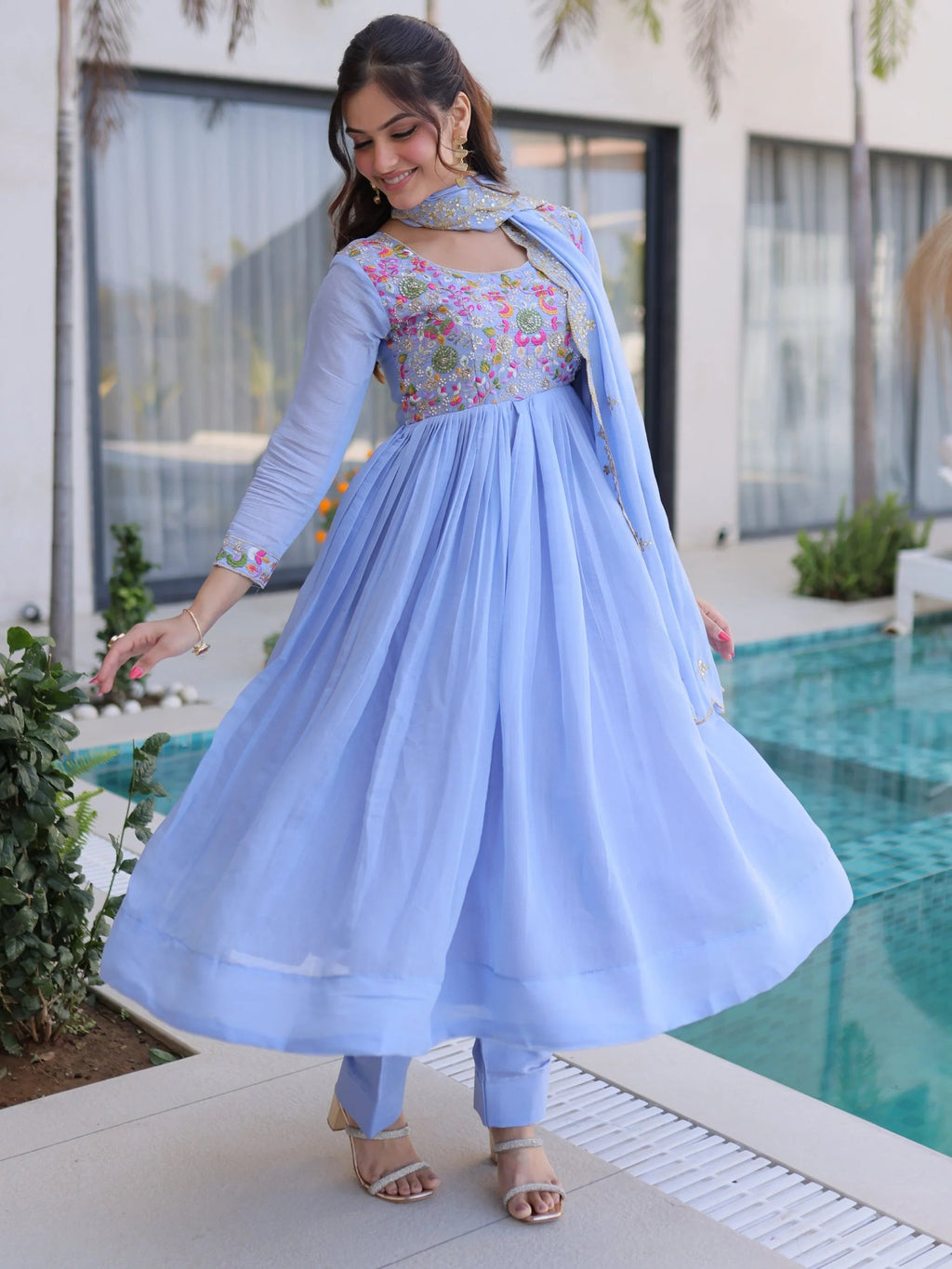 Sky Blue Charming Bead Work Chanderi Event Wear Anarkali Pant Suit