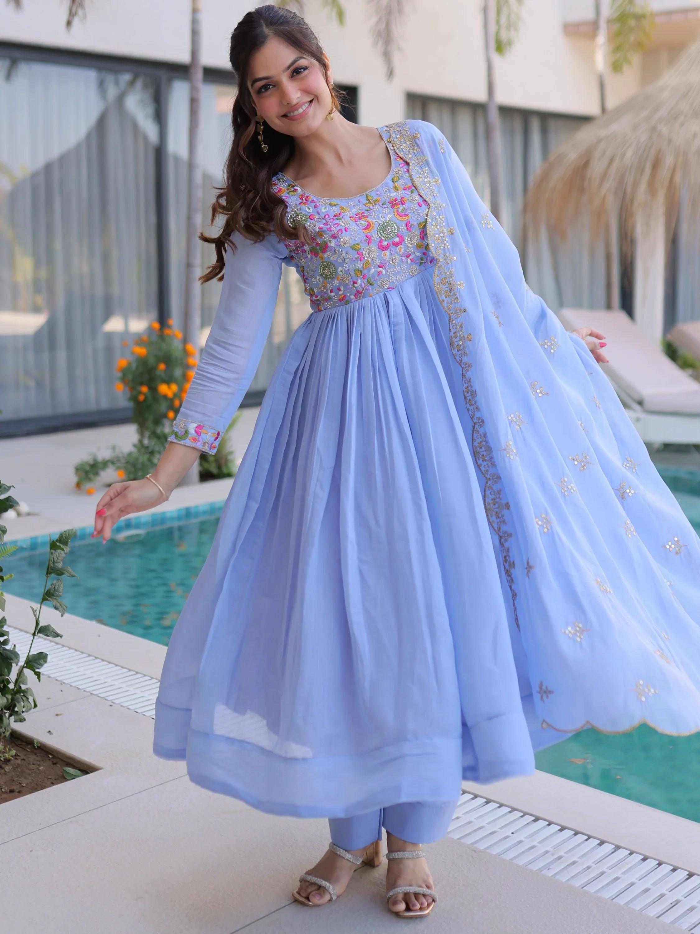 Sky Blue Charming Bead Work Chanderi Event Wear Anarkali Pant Suit