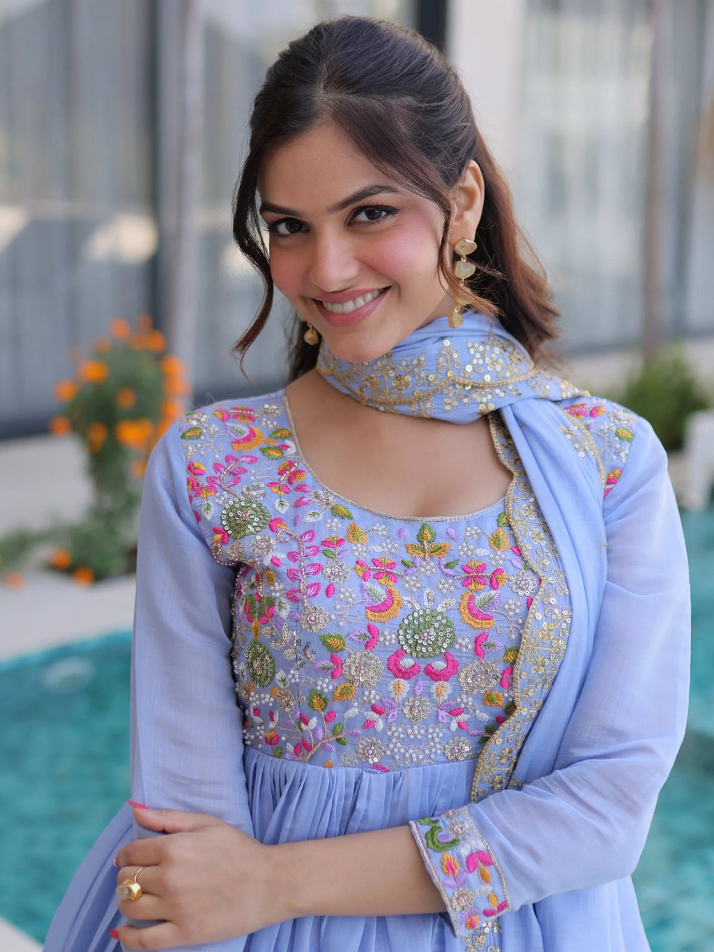 Sky Blue Charming Bead Work Chanderi Event Wear Anarkali Pant Suit